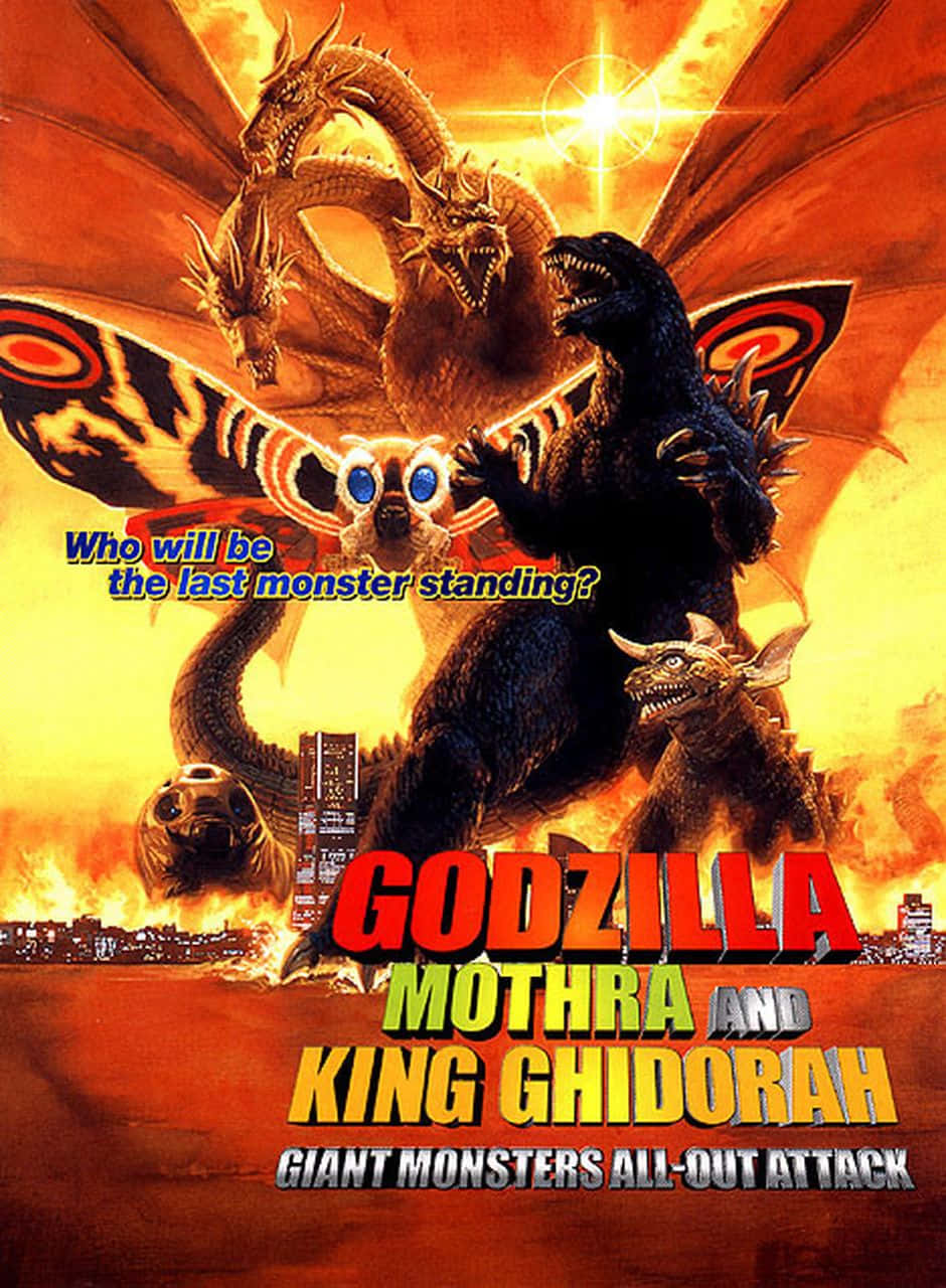 mothra 桌布 壁紙 — 巨型怪獸哥吉拉、摩斯拉和王者基多拉在熾熱的夕陽天空下，於燃燒的城市上空交戰。