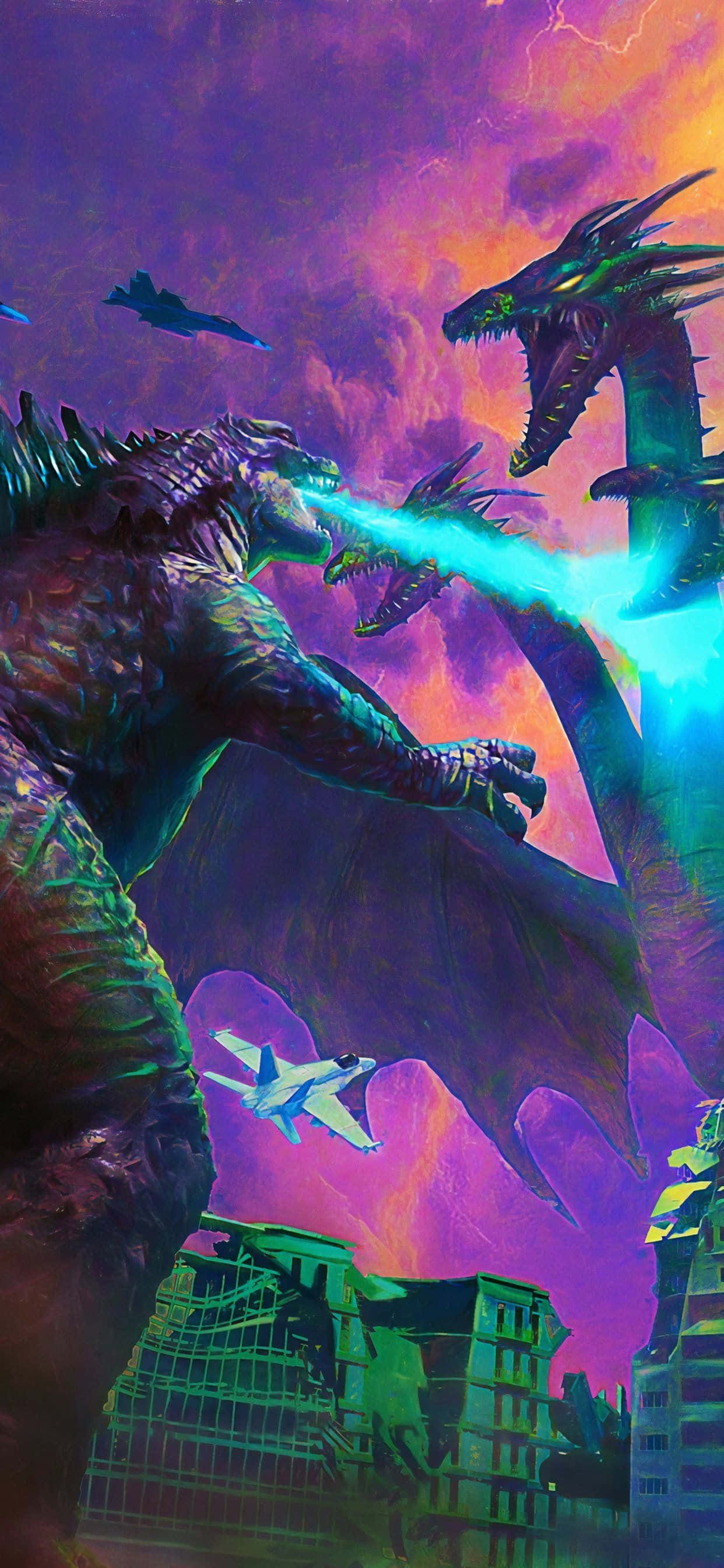 Godzilla Art 桌布 壁紙 — 巨型怪獸哥吉拉與王者基多拉在暴風雨紫色和橙色天空下，於廢墟城市中對決，戰鬥機飛翔。