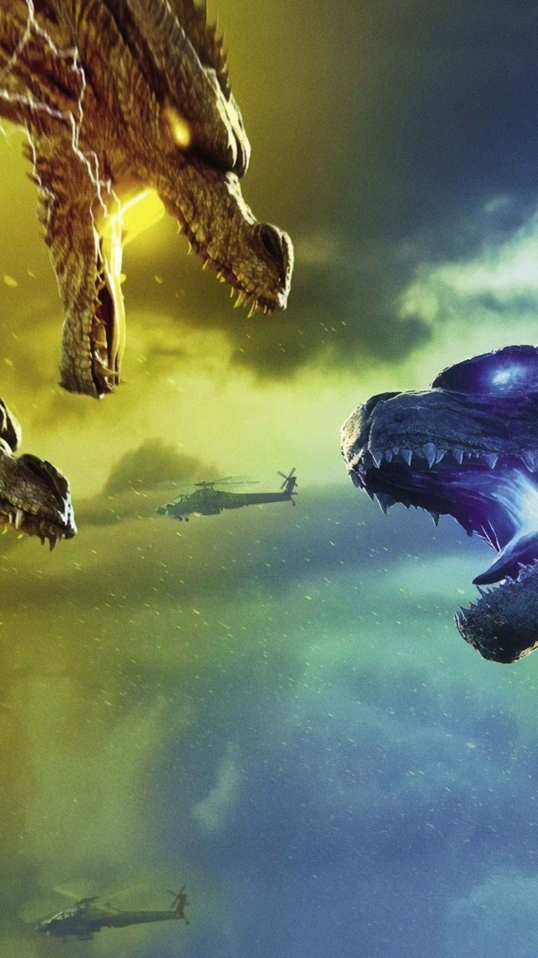 King Ghidorah 桌布 壁紙 — 巨型怪獸在暴風雨中碰撞，直升機在它們之間飛翔，伴隨著發光的能量效果。