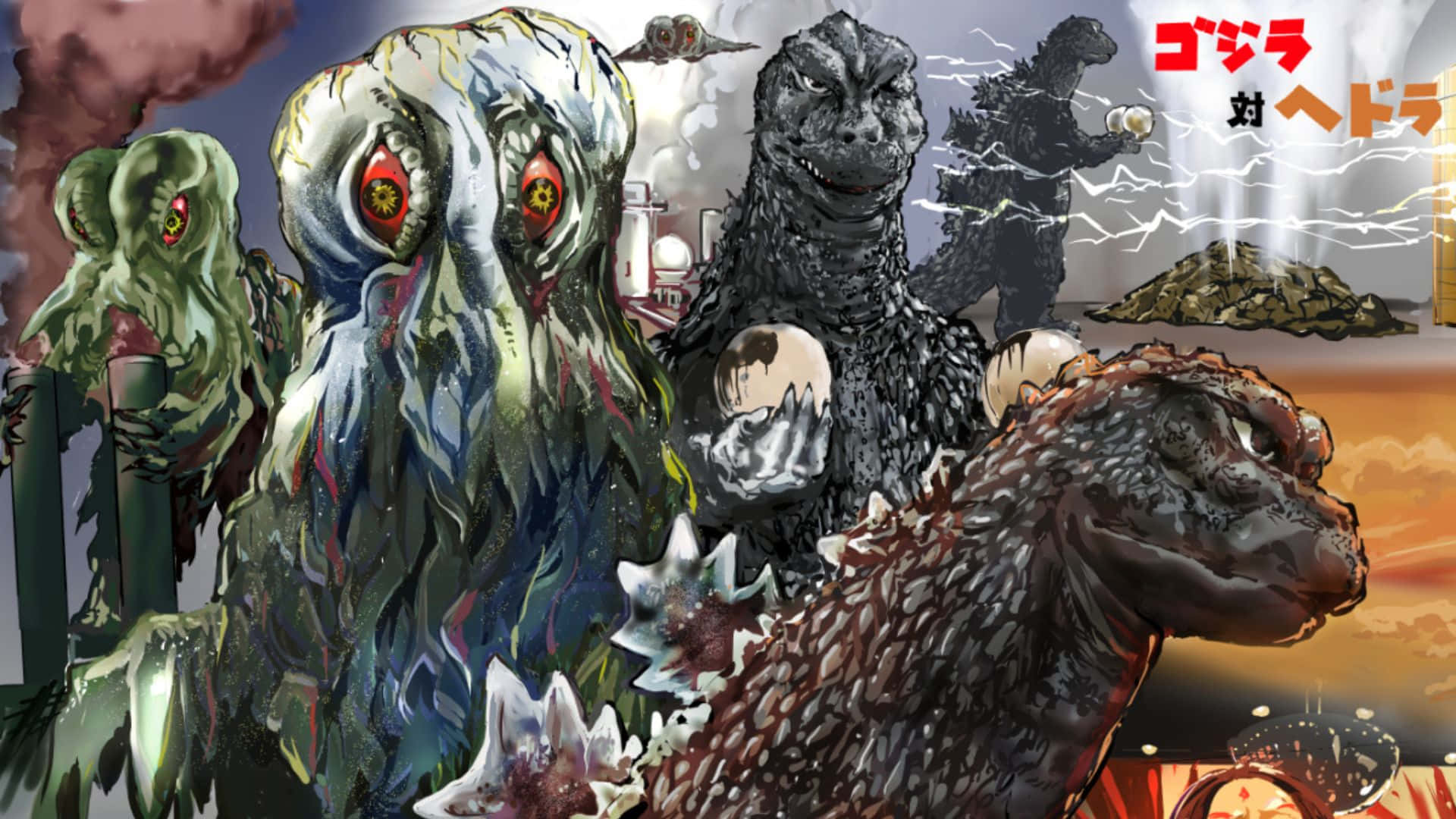 Godzilla Vs Hedorah 桌布 壁紙 — 巨型怪獸在熾熱的城市戰場上碰撞，哥吉拉和王者基多拉聳立在廢墟的城市景觀之上。