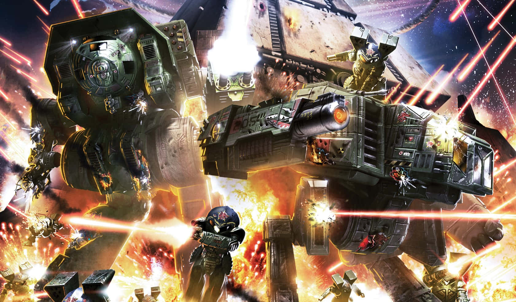 Battletech 桌布 壁紙 — 巨型戰爭機器在混亂的太空戰場中，於熾熱爆炸和雷射射線中戰鬥。