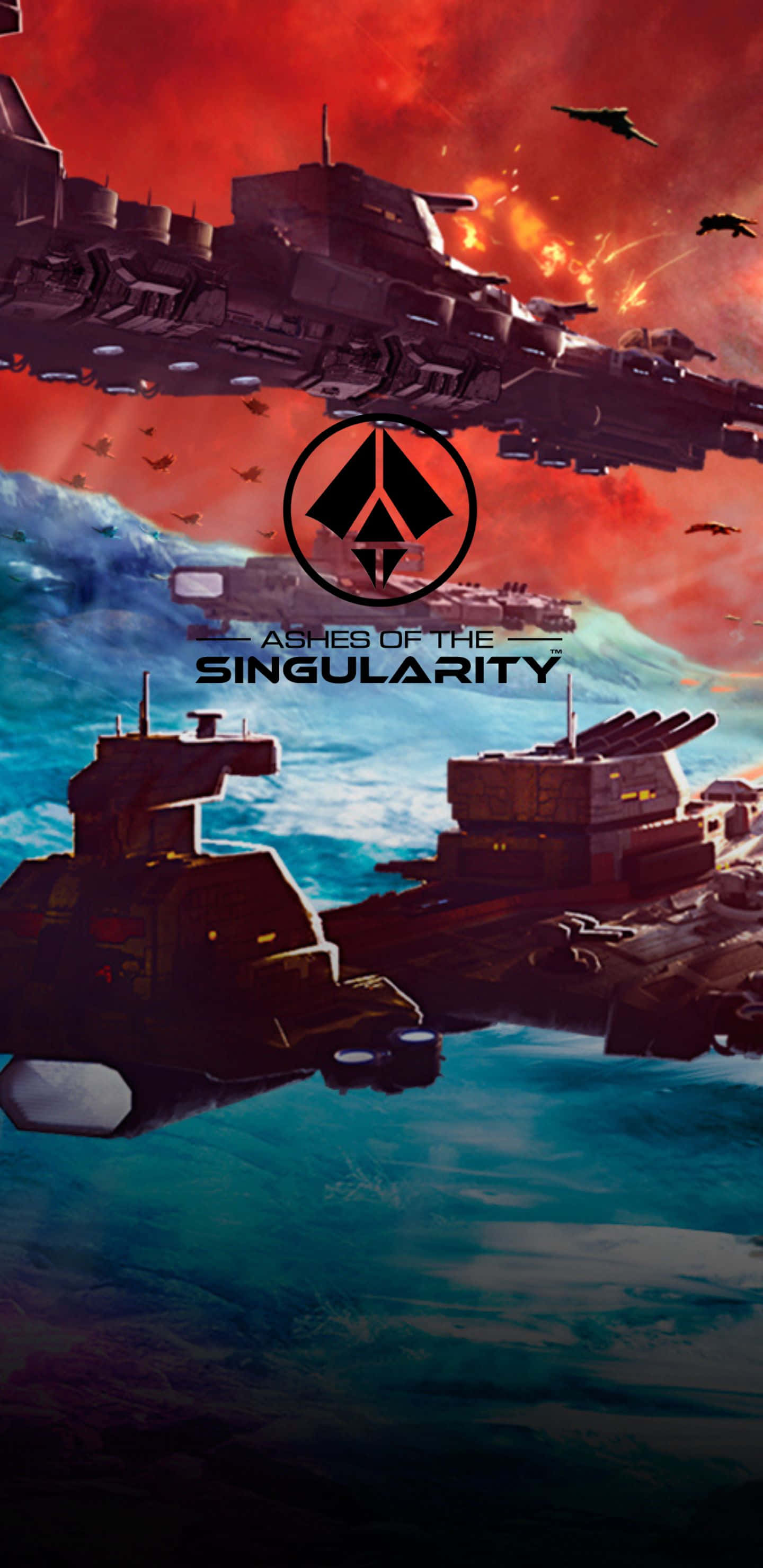 Pixel 3xl Ashes Of The Singularity 桌布 壁紙 — 巨型戰艦在洶湧的藍色海洋上方，於火紅的天空下進行戰鬥，構成戲劇性的科幻場景。