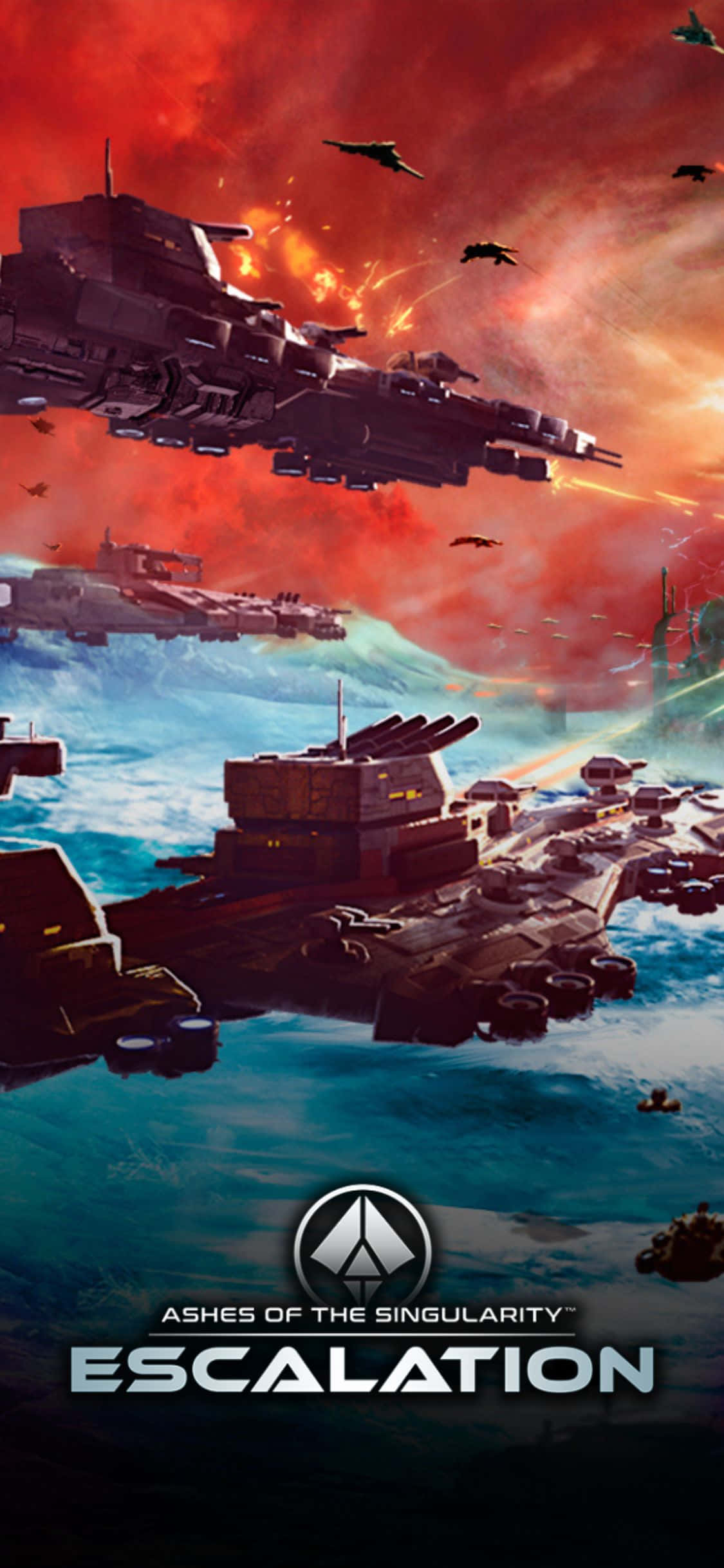 iPhone X Ashes Of The Singularity Escalation 桌布 壁紙 — 巨型戰艦在火紅的天空下，在洶湧的藍色海洋上，用發光的能量光束戰鬥。