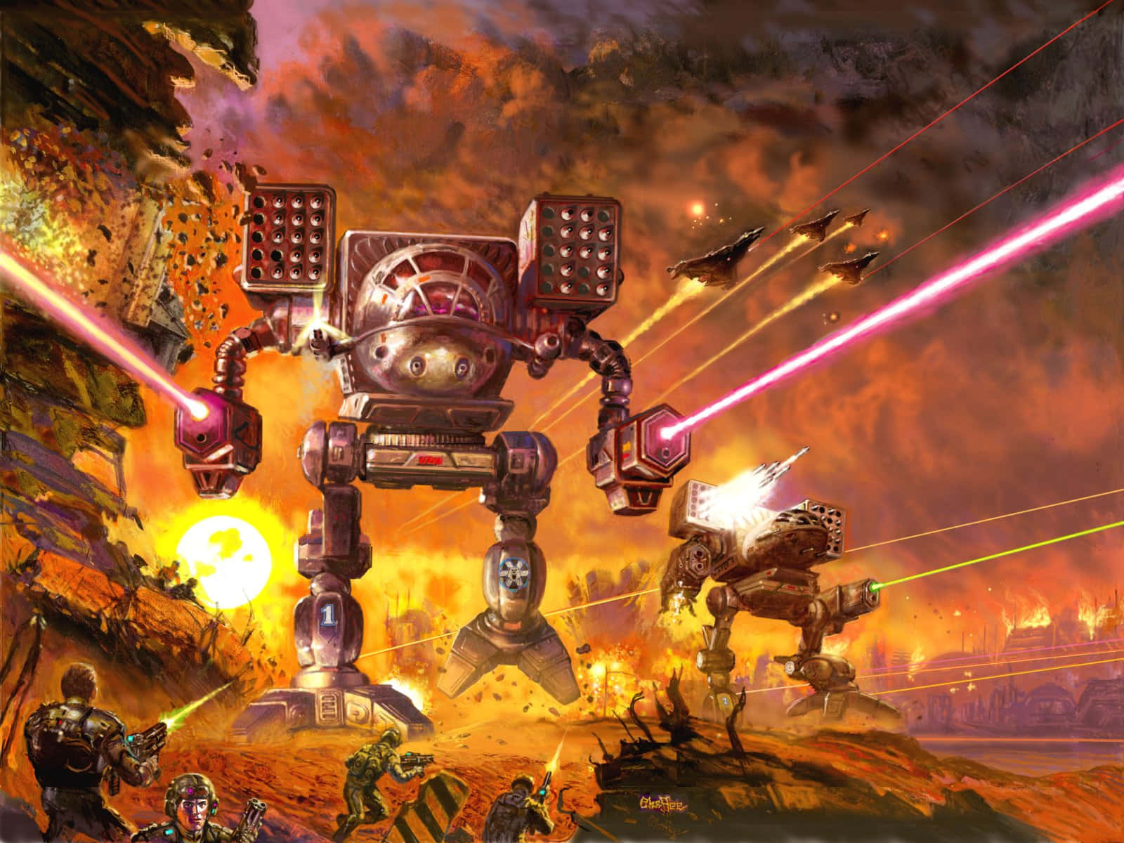 Battletech 桌布 壁紙 — 巨型戰鬥機器人在熾熱的戰場上發射粉紅色雷射，伴隨著士兵和飛行戰鬥機，在發光的太陽下作戰。