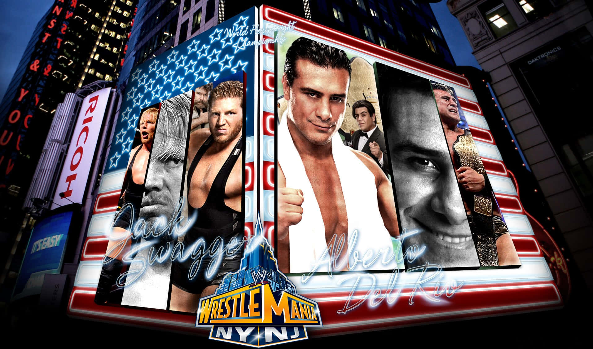 WWE 桌布 壁紙 — 巨型摔角廣告牌上展示Jack Swagger和Alberto Del Rio，在夜晚主導著霓虹燈閃爍的時代廣場。