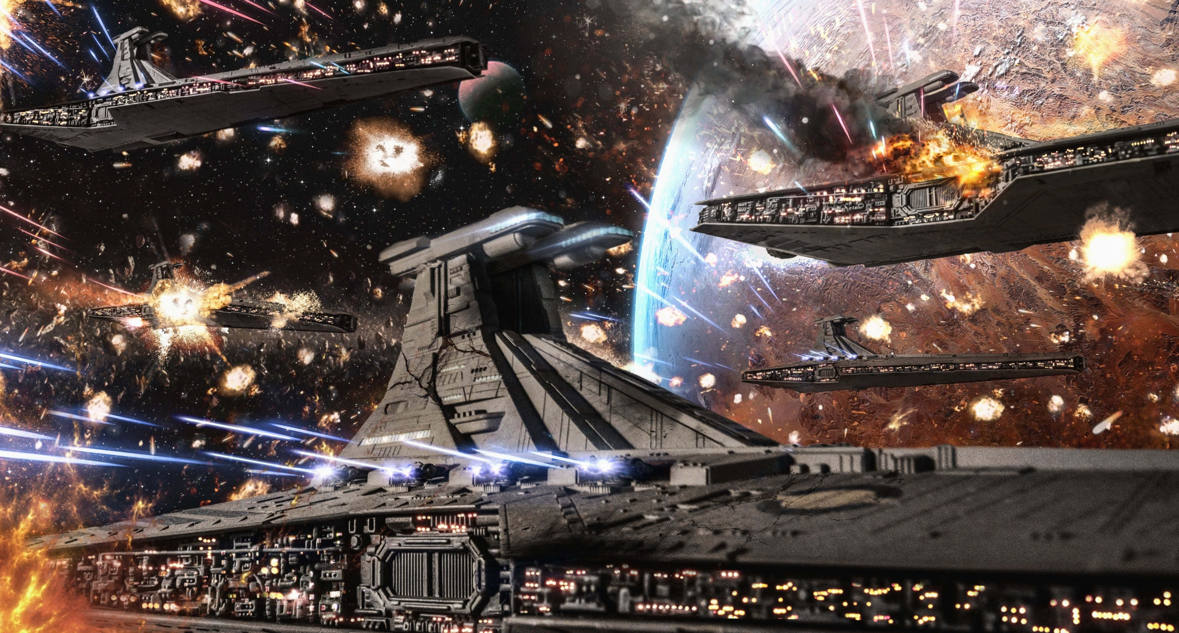 Clone Wars 桌布 壁紙 — 巨型星艦在發光的藍色行星附近，在爆炸碎片和雷射火網中激烈碰撞。