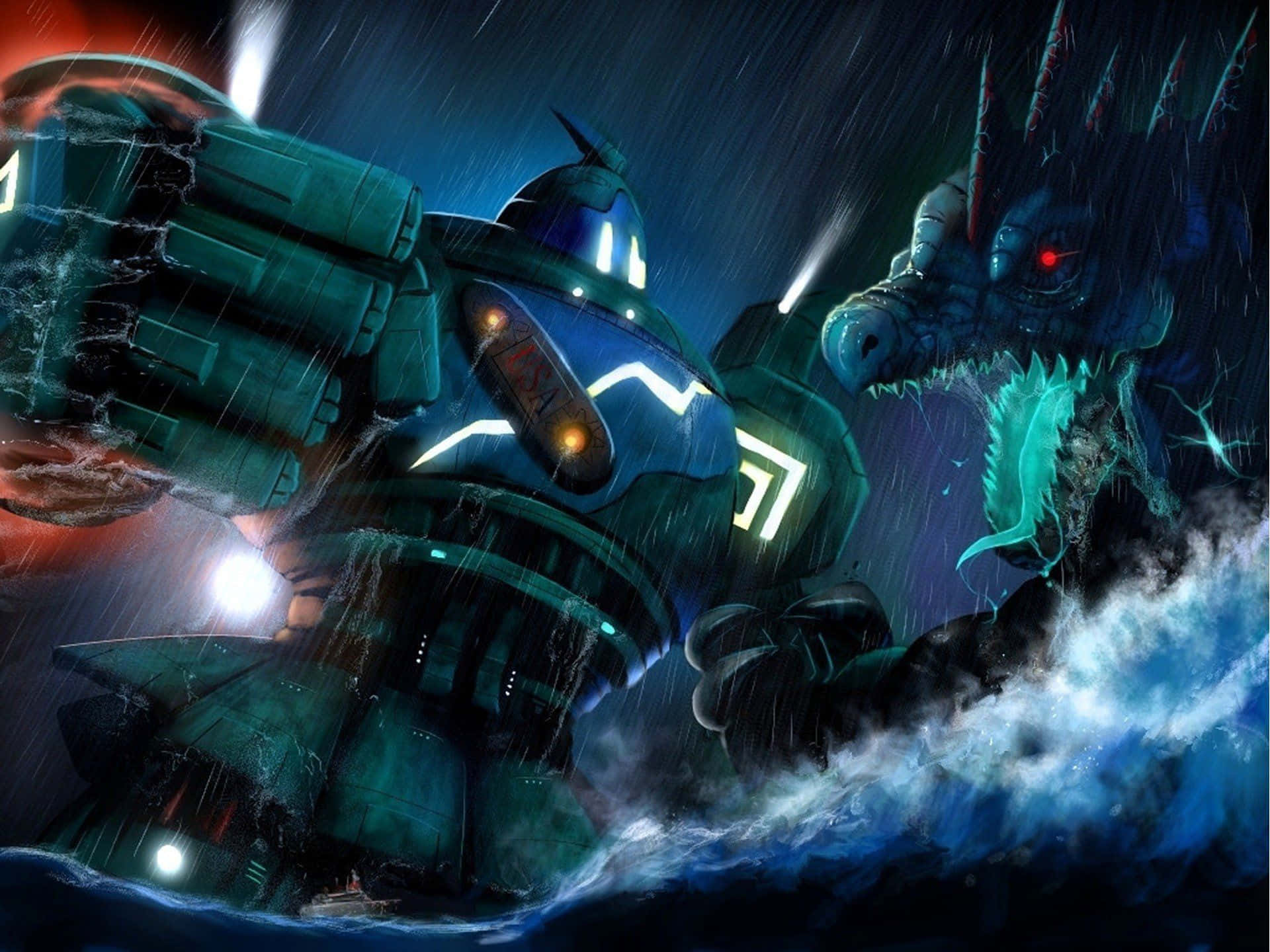 Kaiju 桌布 壁紙 — 巨型機器人在暴雨中的夜晚與怪獸級海怪在波濤洶湧的海洋中戰鬥。