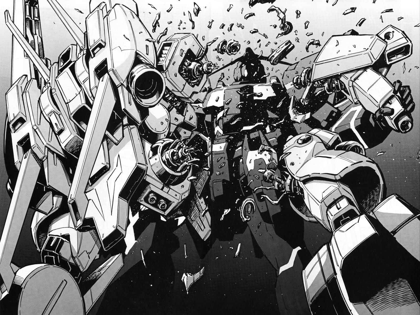 Manga Pages 桌布 壁紙 — 巨型機器人在混亂戰鬥中爆炸、碎片飛揚的黑白動畫插圖。