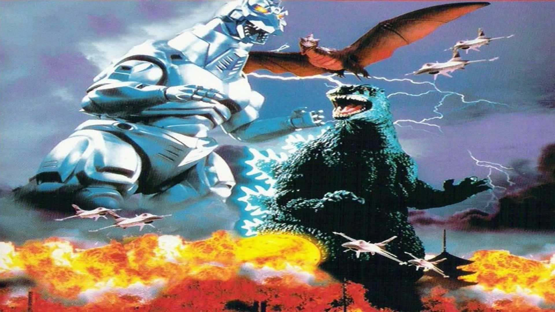 Godzilla Vs Mechagodzilla 桌布 壁紙 — 巨型機器人與哥吉拉在混亂的戰鬥場景中，於熾熱爆炸和閃電中碰撞，戰鬥機在頭頂飛過。