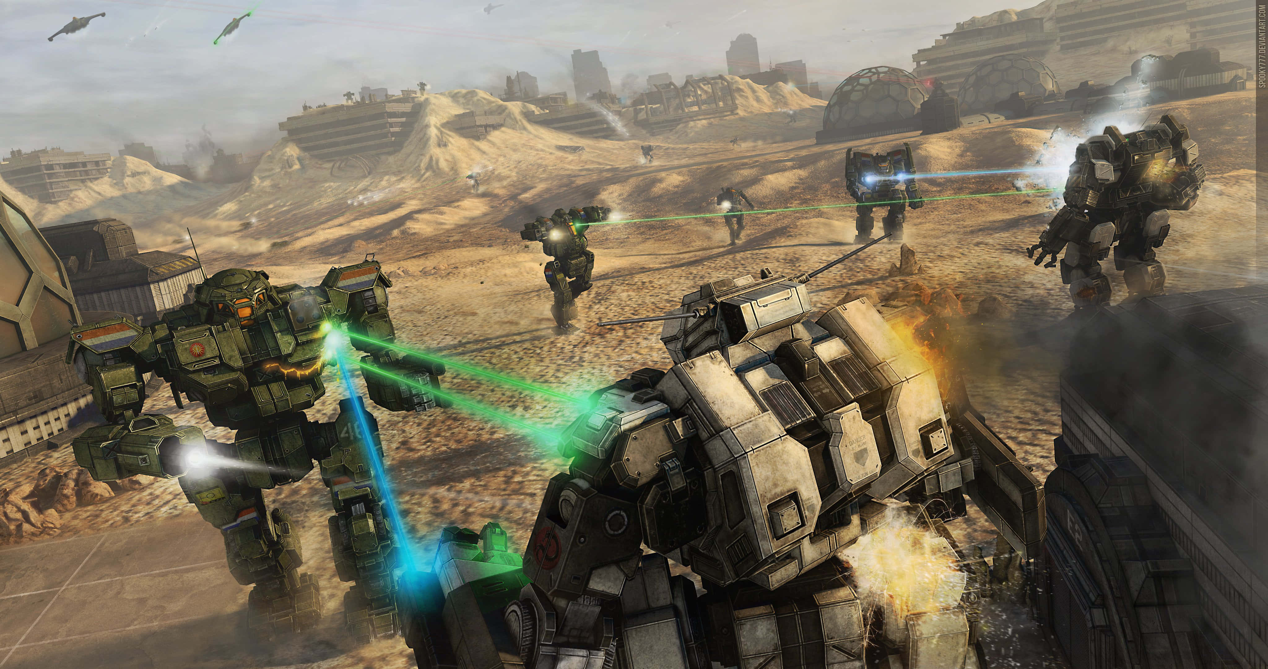 Battletech 桌布 壁紙 — 巨型機械化士兵在塵土飛揚的沙漠荒地中戰鬥，伴隨著雷射爆炸。