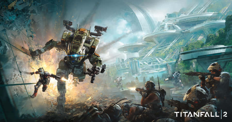 All Games 桌布 壁紙 — 巨型機甲在充滿浮空建築的毀滅未來城市景觀中與士兵戰鬥。