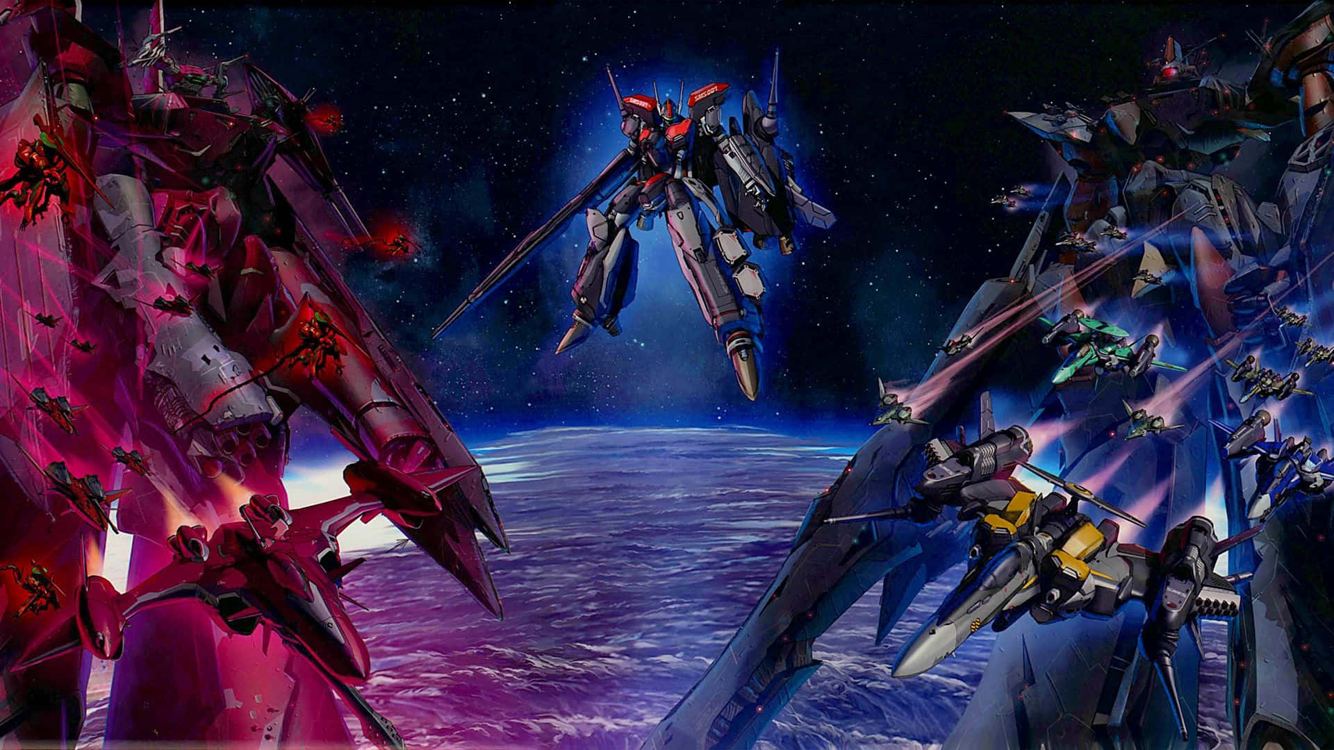Macross Delta 桌布 壁紙 — 巨型機甲在太空中行星上空戰鬥，行星擁有發光的紫色海洋和星空。
