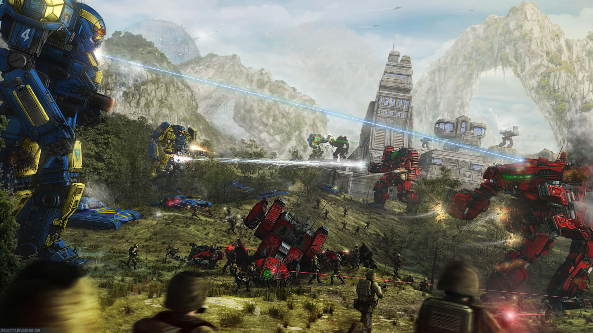 Battletech 桌布 壁紙 — 巨型機甲在崎嶇的外星景觀中戰鬥，伴隨著雷射火和爆炸。