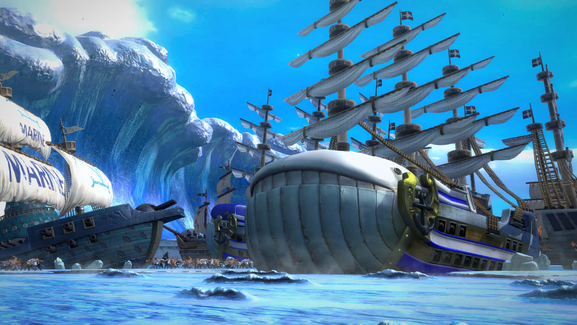 Marineford 桌布 壁紙 — 巨型鯨魚形狀的海盜船在晴朗的天空下，在充滿活力的藍色海洋中與巨浪搏鬥。
