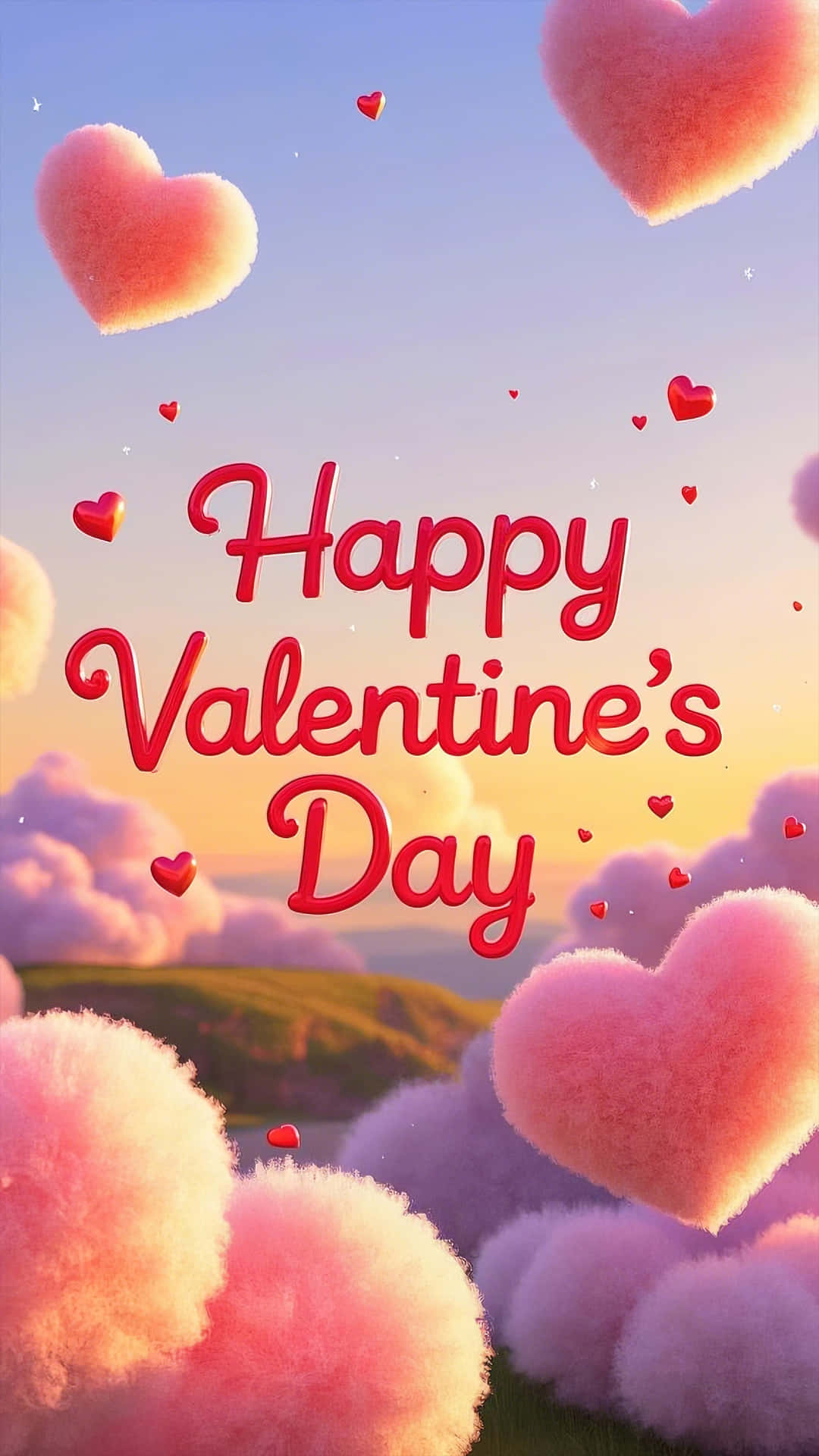 Happy Valentine's Day written in fluffy cloud letters 壁紙 — 巨大毛茸茸的粉紅色心形飄浮在日落景觀上，並以紅色草書寫著「Happy Valentine's Day」。