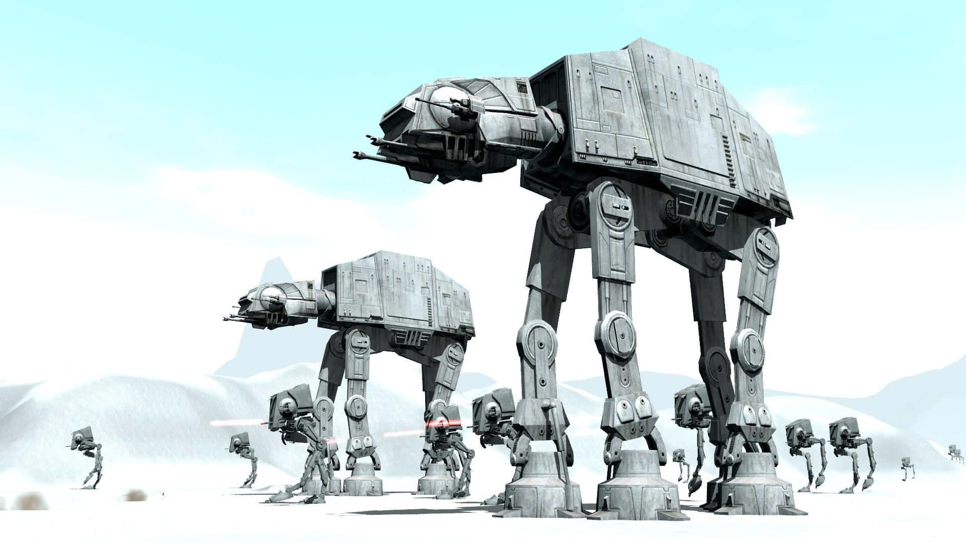Battle Of Hoth 桌布 壁紙 — 巨大的AT-AT步行機和較小的機器人在淡藍色天空下穿越雪覆蓋的外星景觀。