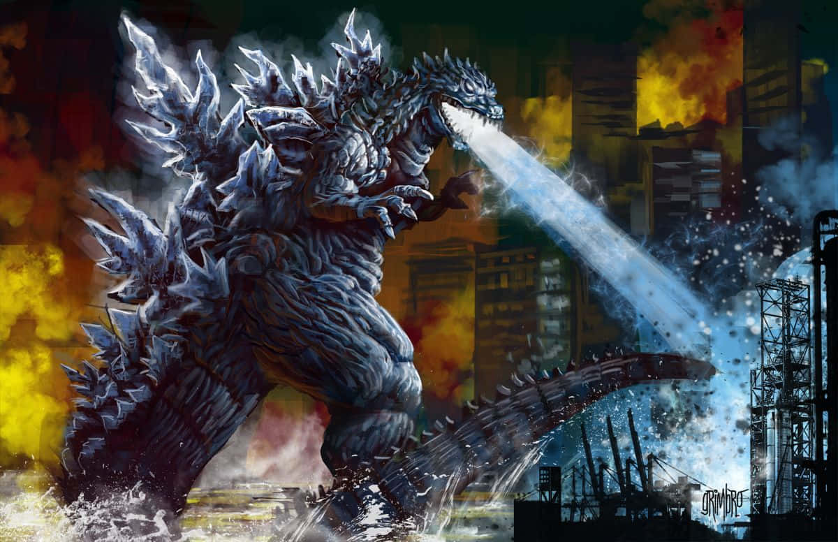 Godzilla Art 桌布 壁紙 — 巨大的冰霜哥吉拉在夜晚咆哮，向燃燒的城市景觀噴射原子火焰。