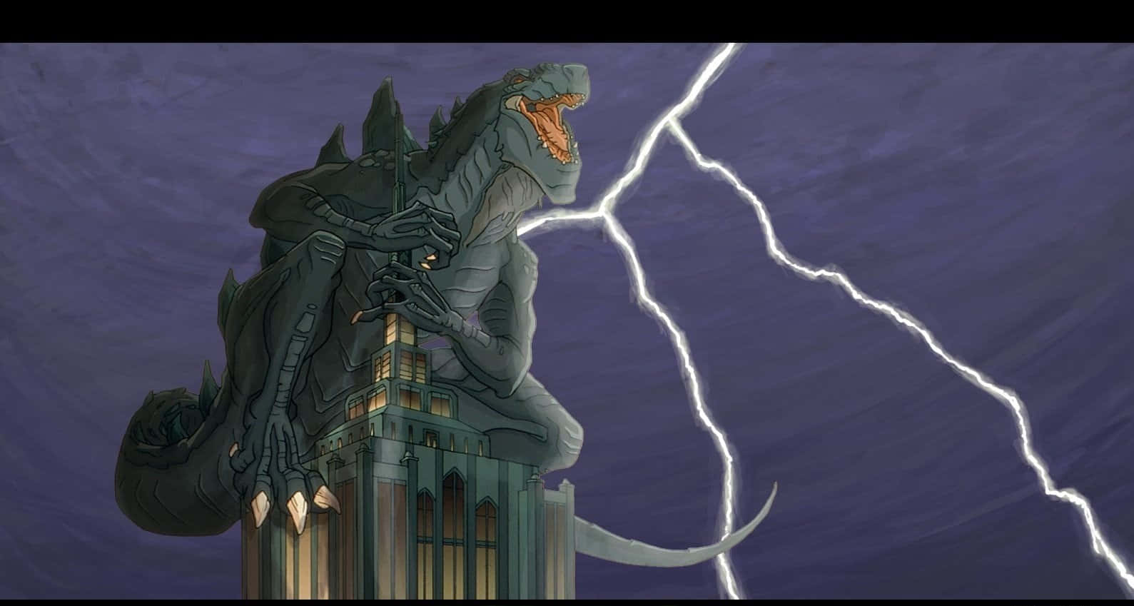 godzilla 1998 桌布 壁紙 — 巨大的哥吉拉在摩天大樓頂端咆哮，閃電劃破暴風雨中的紫色天空。