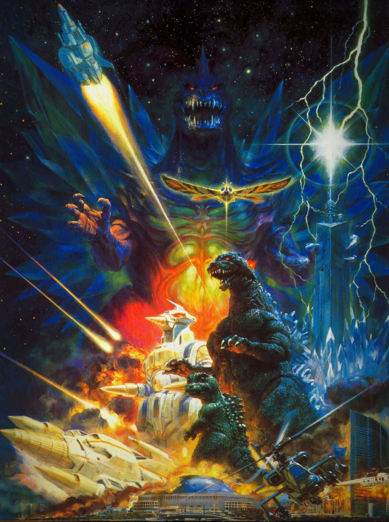 Classic Godzilla 桌布 壁紙 — 巨大的哥吉拉在星空下、閃電和飛行的太空船中，於燃燒的城市中與巨型怪物戰鬥。