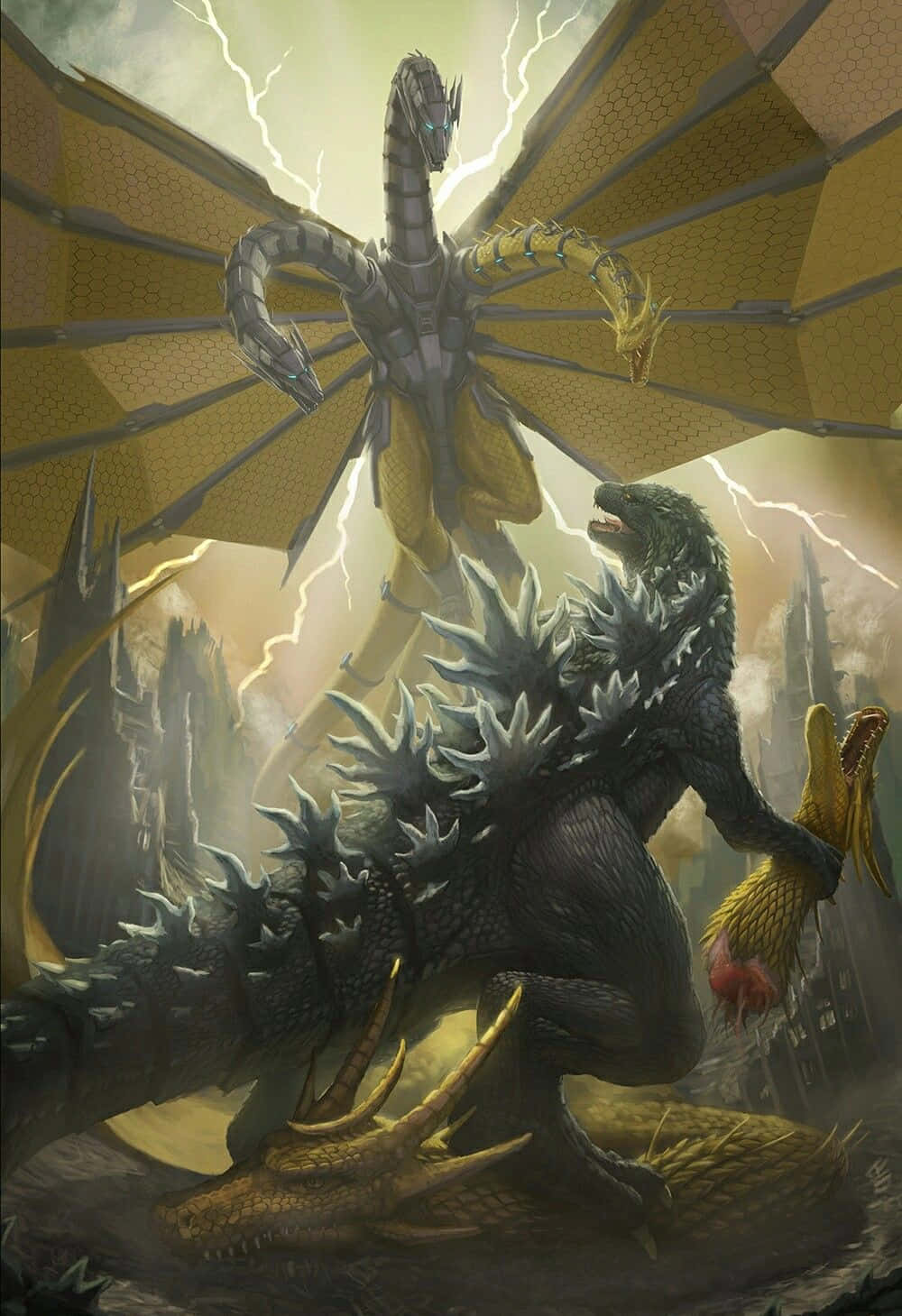 Monsterverse 桌布 壁紙 — 巨大的哥吉拉在暴風雨的城市景觀中與多頭有翼的怪獸戰鬥，閃電照亮了破壞。