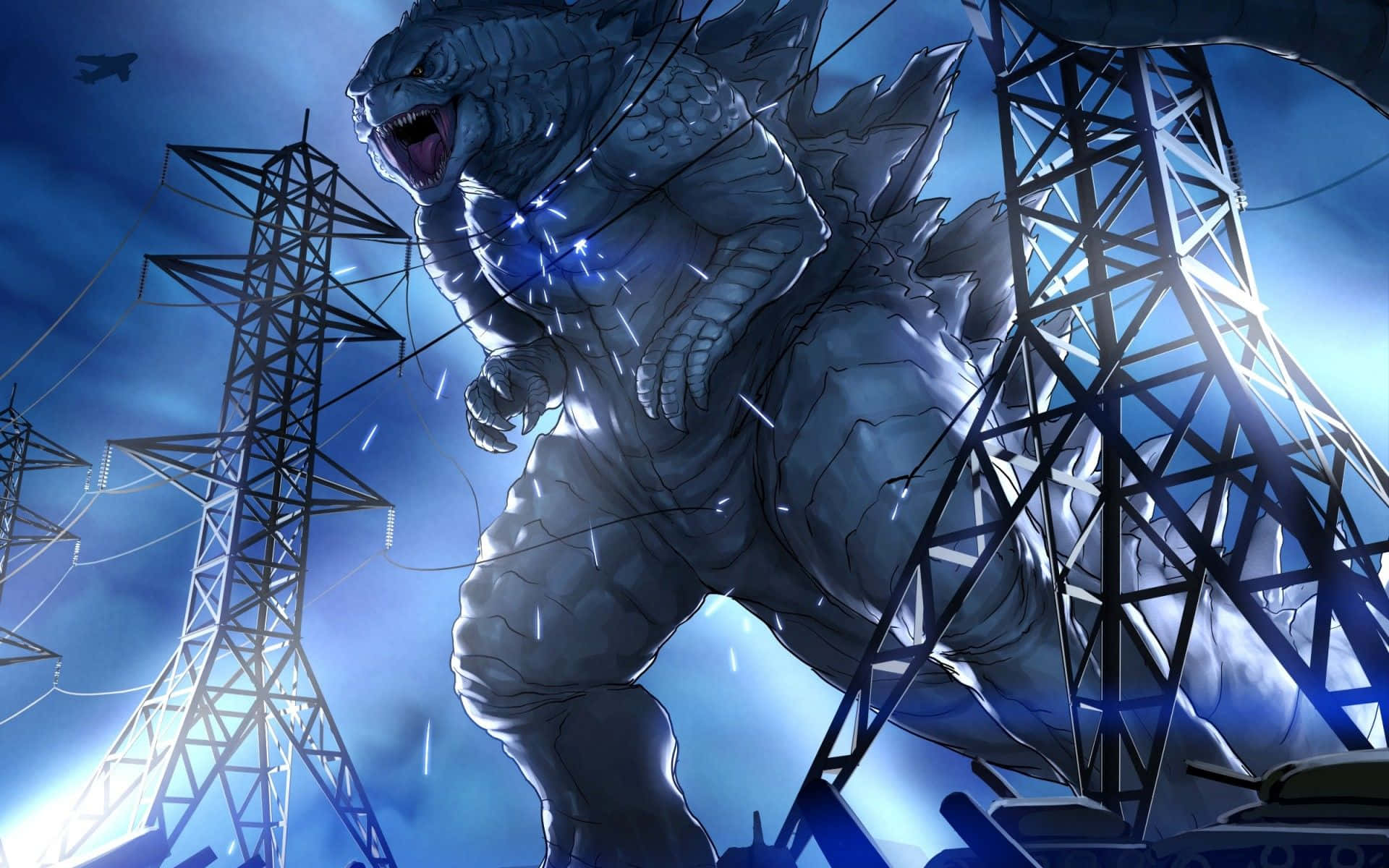 Godzilla Art 桌布 壁紙 — 巨大的哥吉拉在暴風雨的藍天下，於破碎的電線和聳立的輸電塔之間咆哮。