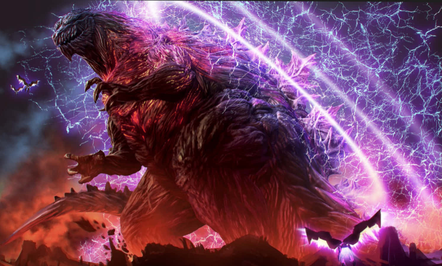 monsters 桌布 壁紙 — 巨大的哥吉拉在火紅的天空中散發出紫色閃電，蝙蝠圍繞著其龐大的身軀飛翔。