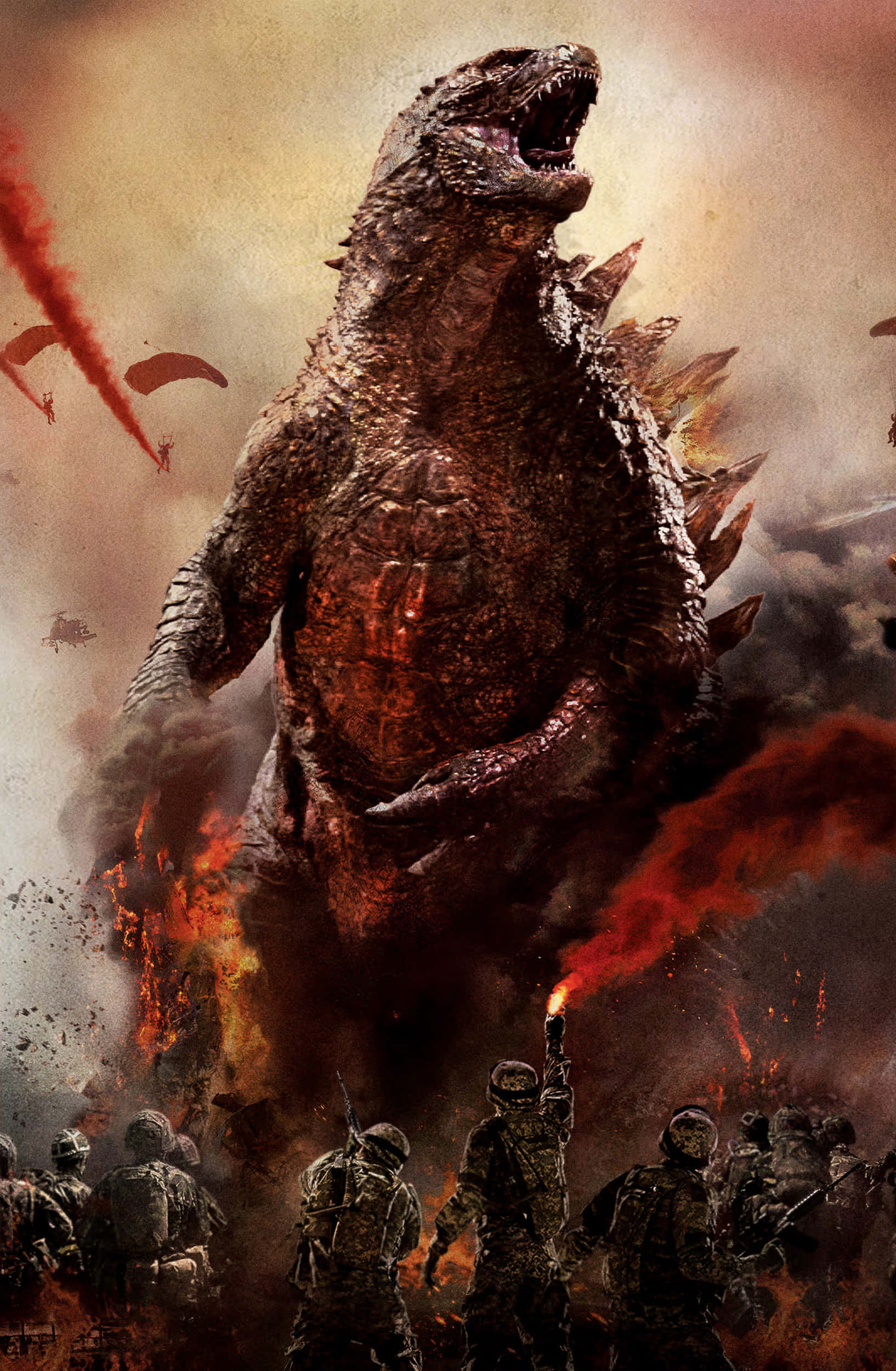 monsters 桌布 壁紙 — 巨大的哥吉拉在烈火毀滅中咆哮，下方的士兵舉起武器對抗這頭怪獸泰坦。