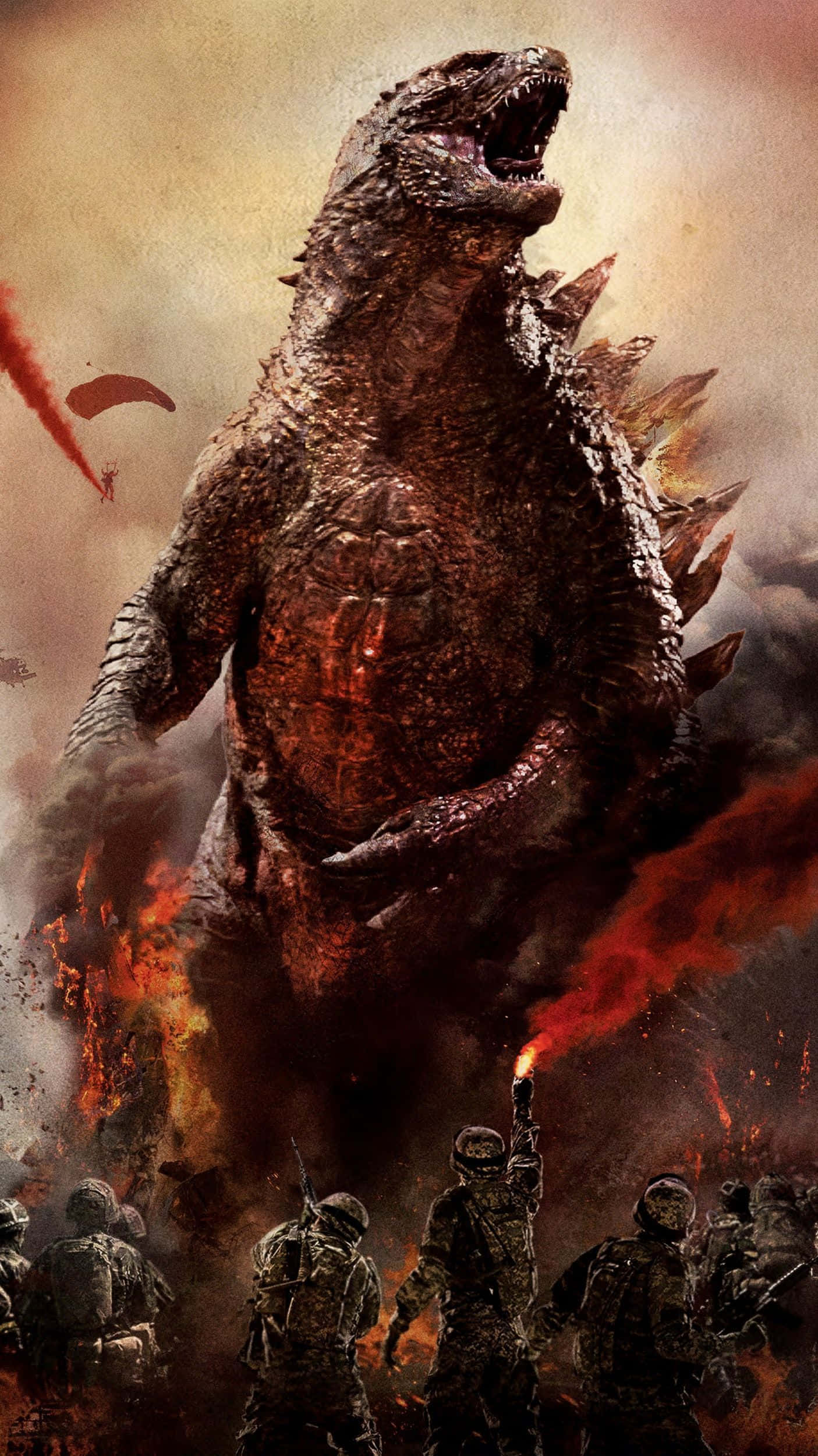 Godzilla 2014 桌布 壁紙 — 巨大的哥吉拉在烈焰毀滅中咆哮，下方的士兵高舉火把對抗末日混亂。