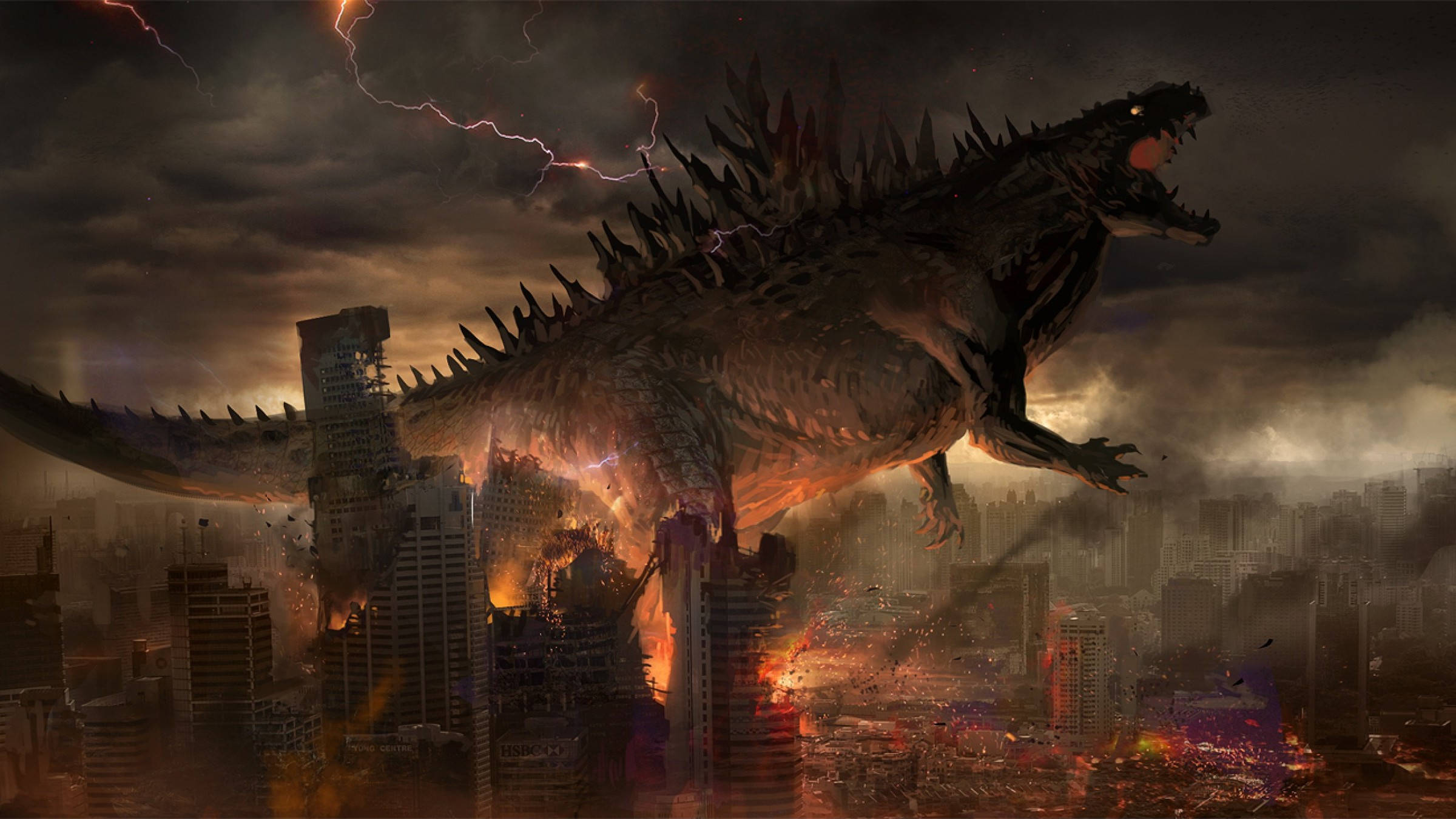 shin godzilla 桌布 壁紙 — 巨大的哥吉拉在燃燒的城市景觀上咆哮，閃電劃破暴風雨的天空。