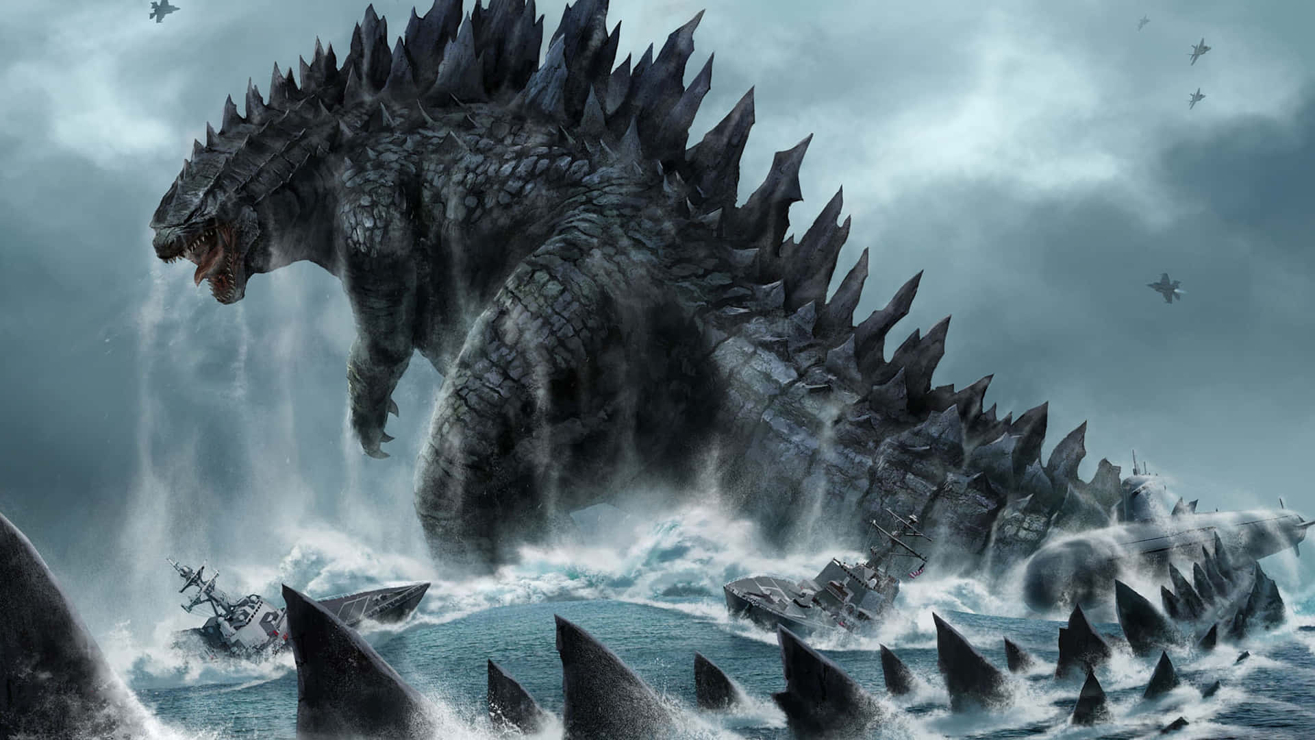 Godzilla City Destruction 桌布 壁紙 — 巨大的哥吉拉從暴風雨中出現，用帶刺的尾巴壓碎軍艦，在洶湧的波浪和戰鬥機中咆哮。