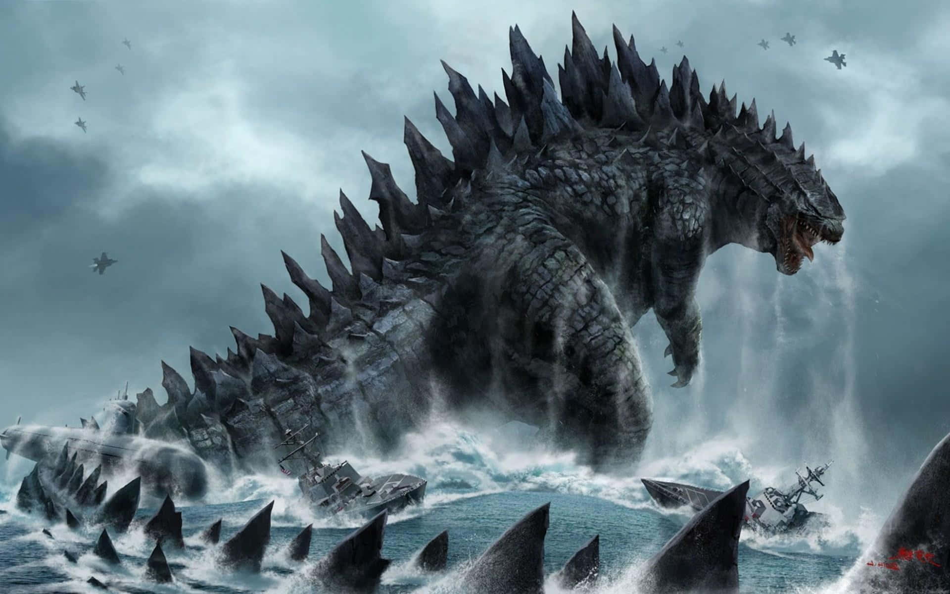 Godzilla Art 桌布 壁紙 — 巨大的哥吉拉從暴風雨中出現，用鋸齒狀的背鰭切開波浪，在陰暗多雲的天空下粉碎軍艦。