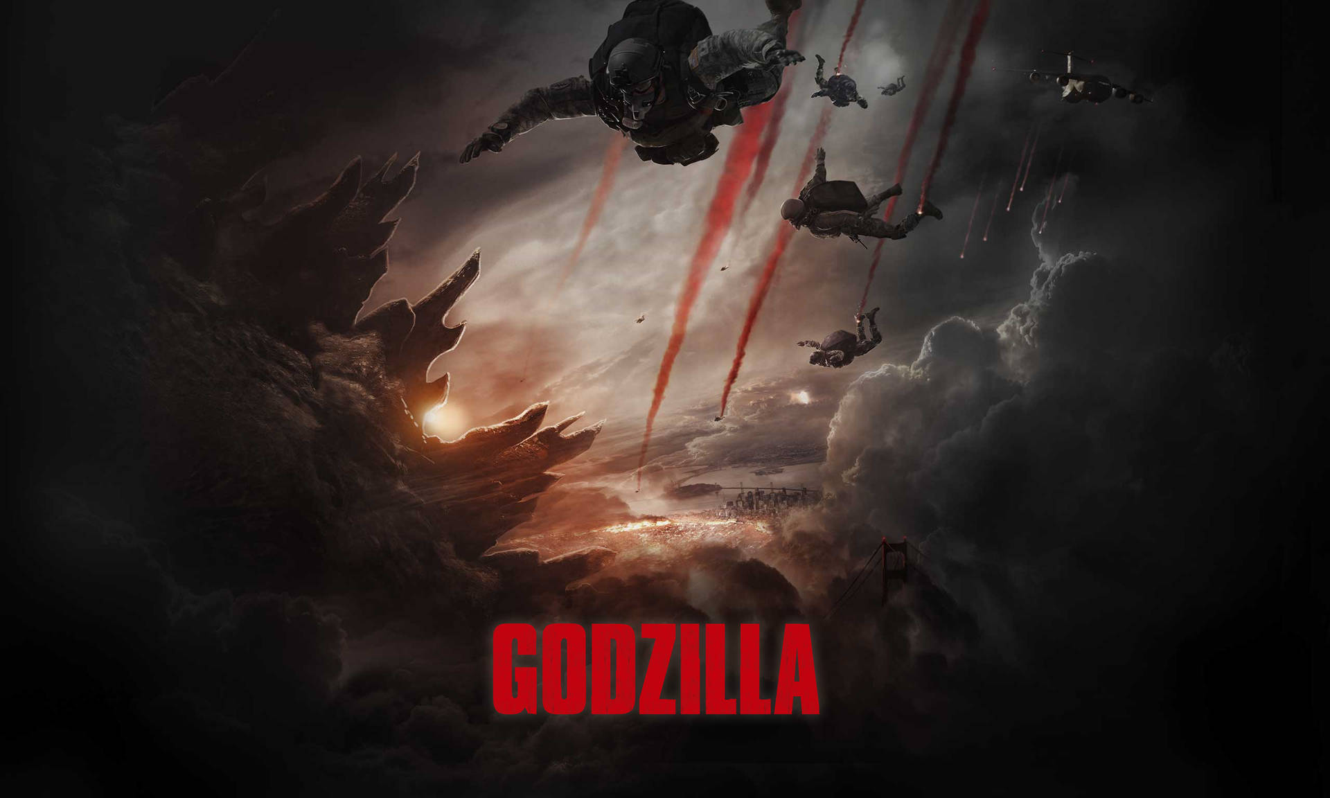哥吉拉 4K 桌布 壁紙 — 巨大的哥吉拉從暴風雲中出現，士兵們在戲劇性的日落天空背景下，穿過火紅色的軌跡墜落。