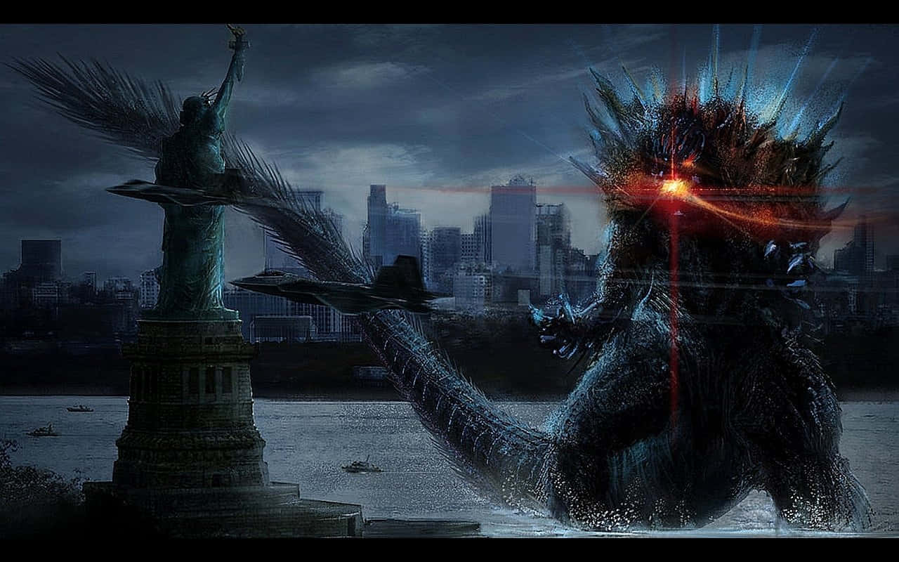 Godzilla 2014 桌布 壁紙 — 巨大的哥吉拉從自由女神像附近的水中出現，一架戰鬥機在黑暗暴風雨的城市景觀中飛過。