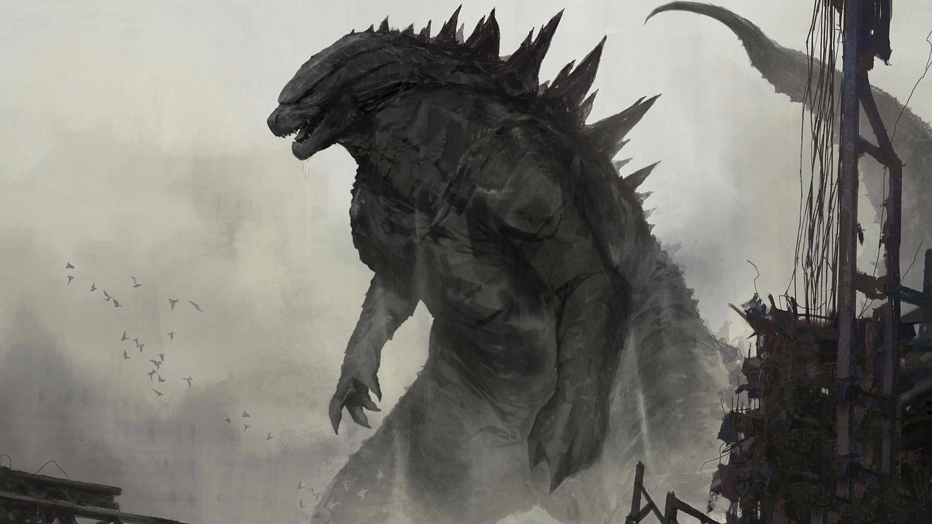 shin godzilla 桌布 壁紙 — 巨大的哥吉拉籠罩著廢墟城市景觀，背景有煙霧和鳥兒逃離。