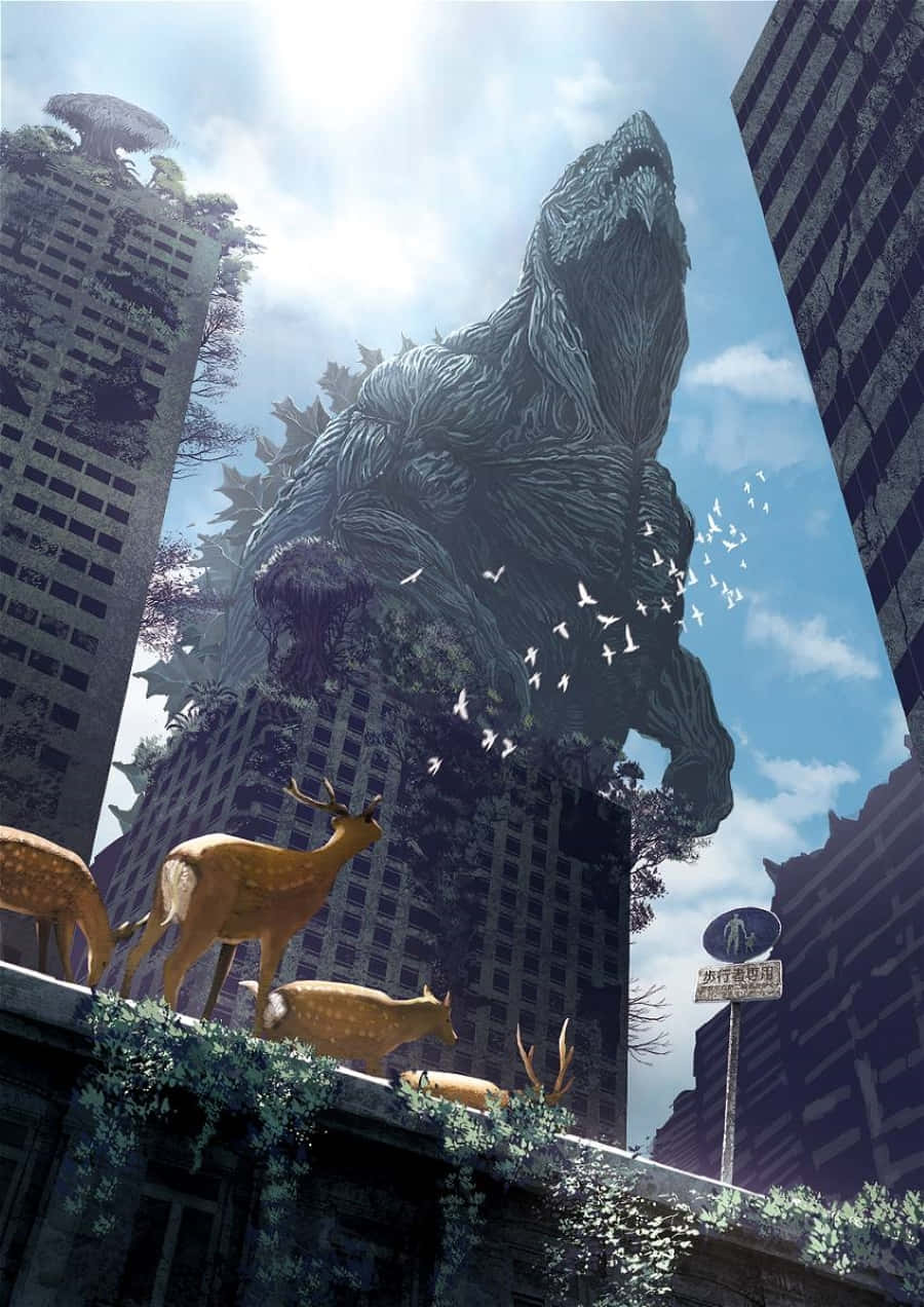 Godzilla Earth 桌布 壁紙 — 巨大的哥吉拉聳立在摩天大樓之間，鹿群在晴朗藍天下的屋頂上平靜地吃草。