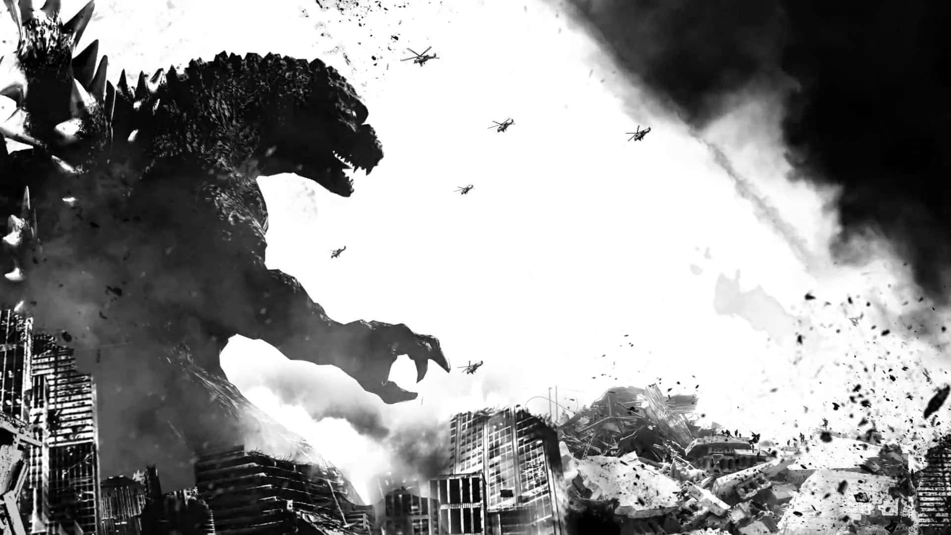 Godzilla 1954 桌布 壁紙 — 巨大的哥吉拉踩過破碎的城市景觀，直升機在上空盤旋，形成單色戰鬥場景。