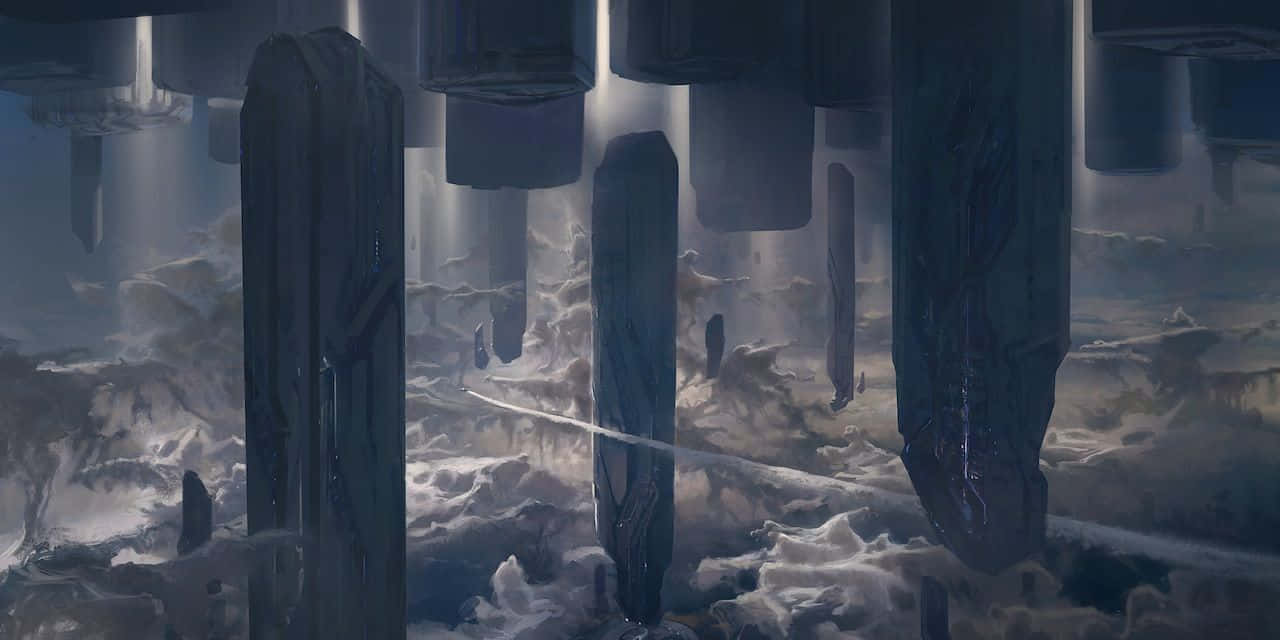 Halo Forerunner 桌布 壁紙 — 巨大的巨石柱穿過迷霧雲層深淵，光線從上方穿透而下。