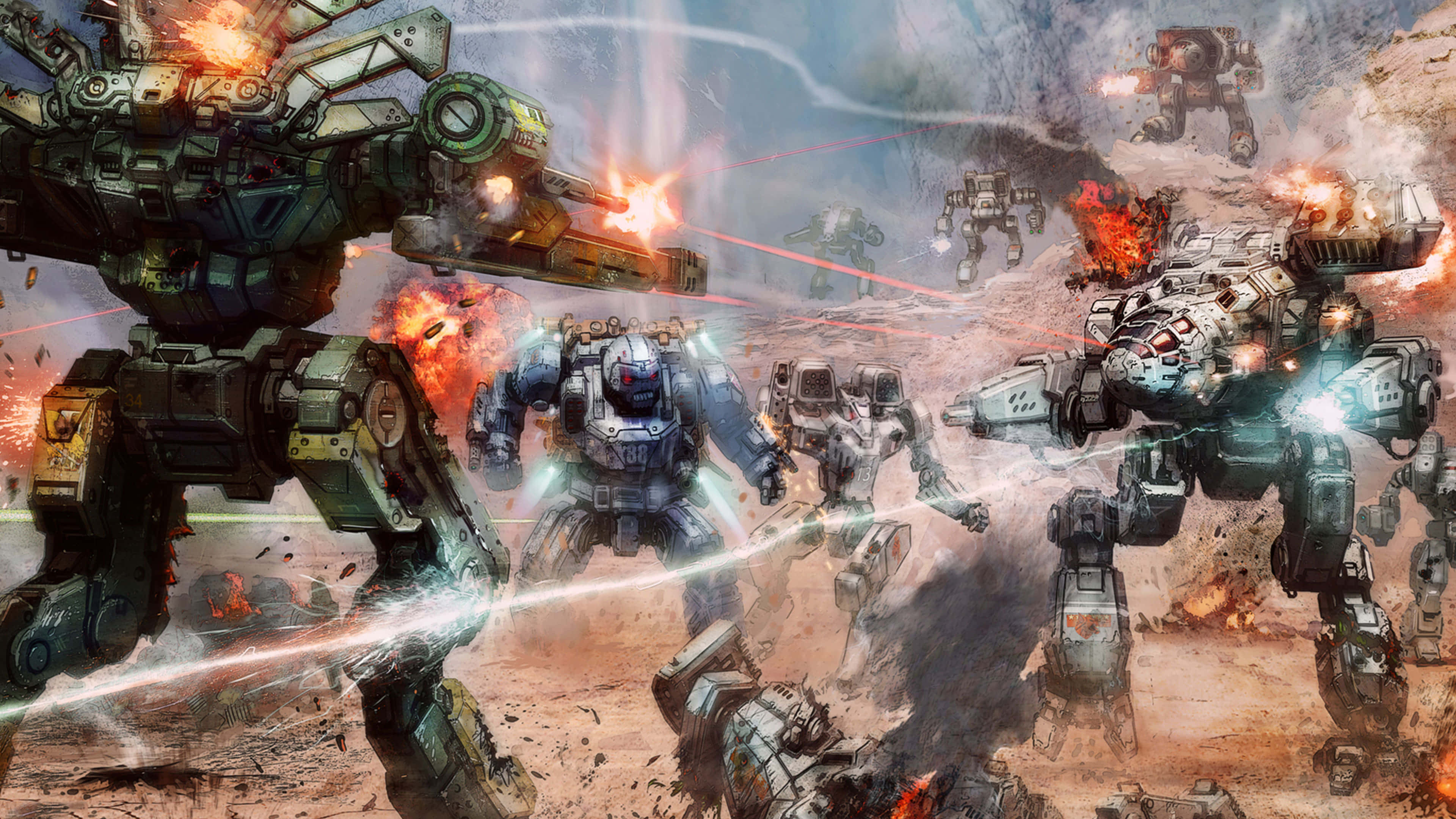 Battletech 桌布 壁紙 — 巨大的戰鬥機甲在煙霧瀰漫的天空下，於荒涼的戰火蹂躪戰場上，伴隨著熾熱的爆炸互相衝擊。