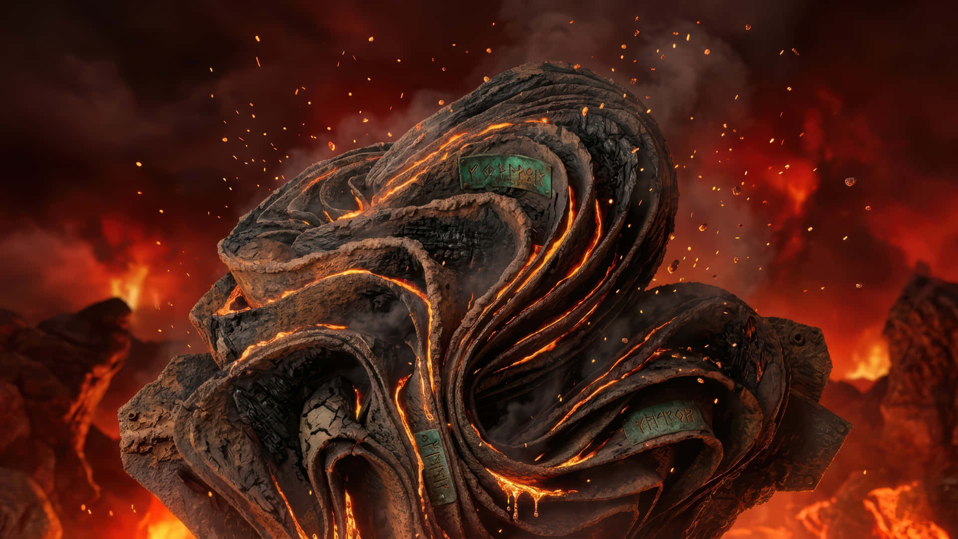 Volcano Fire Bloom modded wallpaper for desktop Enhancement, 壁紙 — 巨大的扭曲岩石結構在火紅的天空和飛舞的火花中，發出噼啪聲，閃爍著橙色的熔岩脈絡。