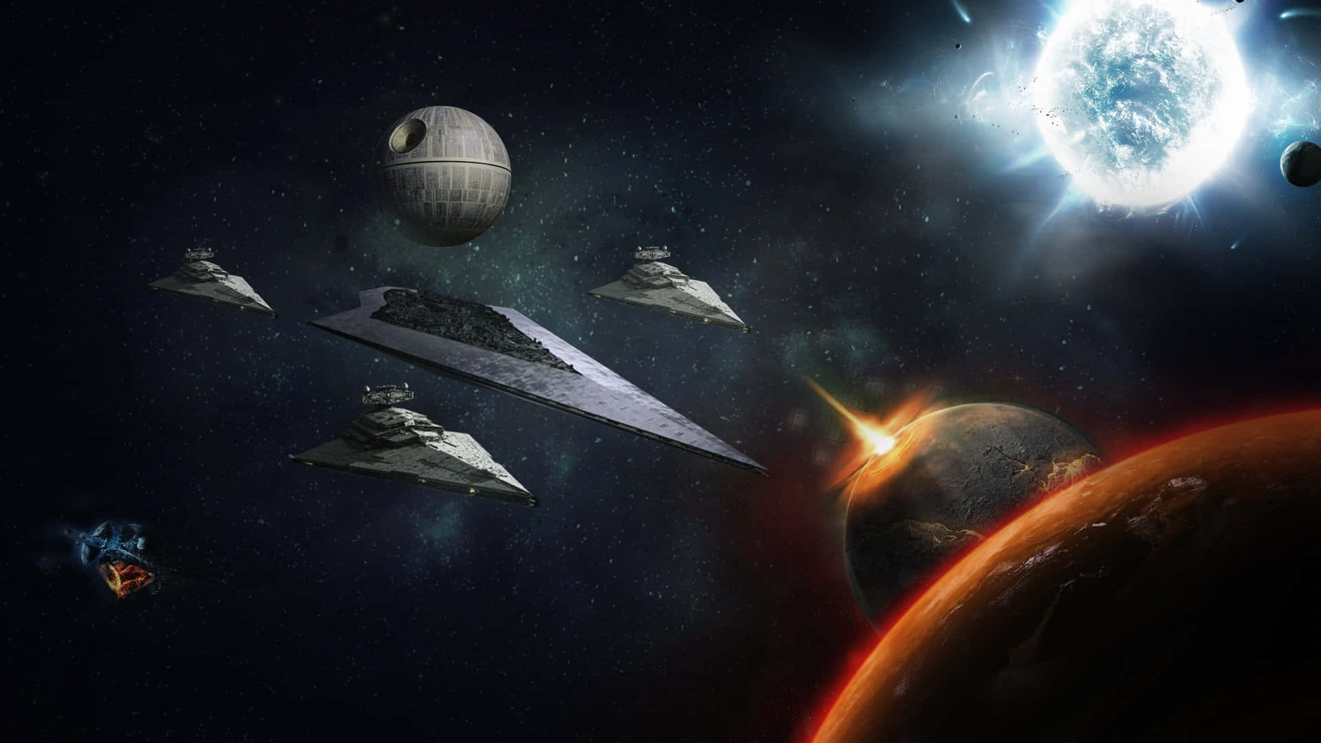 Star Wars Space 桌布 壁紙 — 巨大的星際驅逐艦和死星在星光熠熠的太空中翱翔，靠近發光的行星和明亮的太陽。