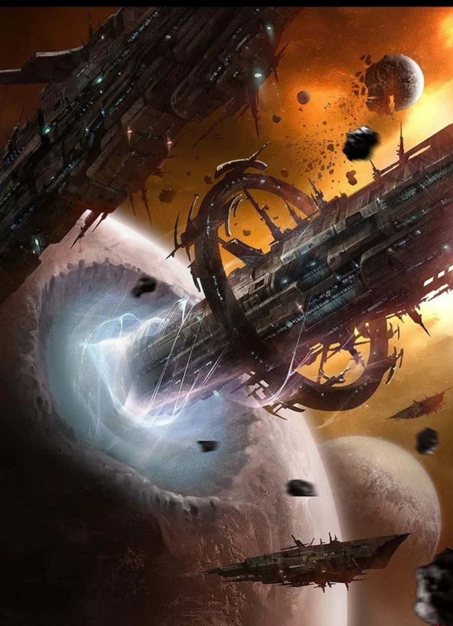 Space Mining 桌布 壁紙 — 巨大的未來太空船在熾熱的橙色外星天空和漂浮的小行星中，穿越發光的蟲洞航行。