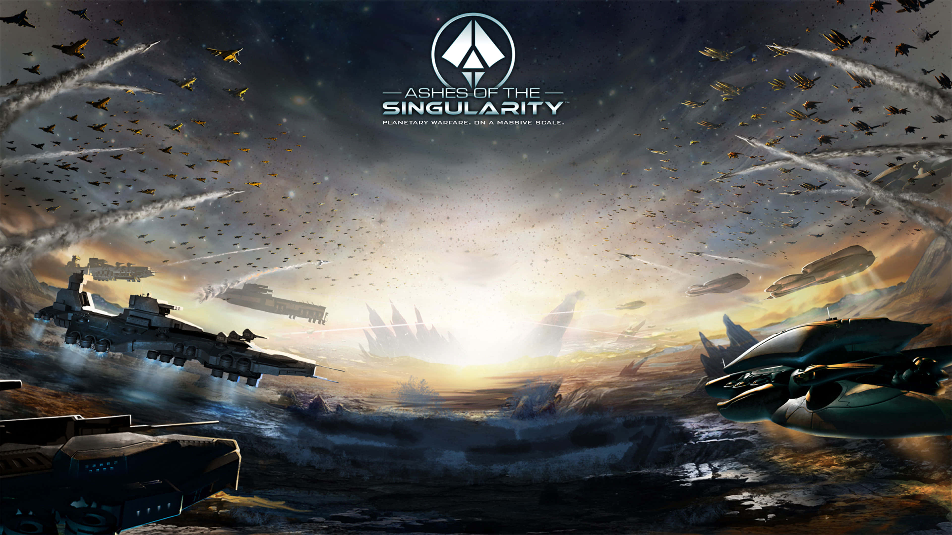 Best Ashes Of The Singularity Escalation 桌布 壁紙 — 巨大的未來戰艦和戰鬥機在荒涼行星表面上的暴風雨外星天空中戰鬥。