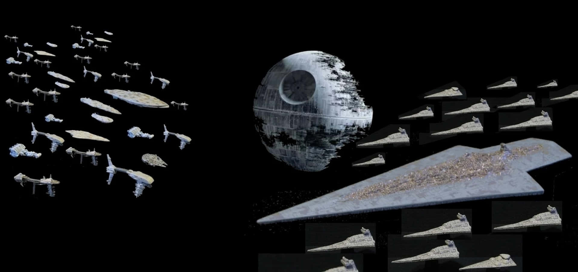 The Battle Of Endor 桌布 壁紙 — 巨大的死星主宰太空，星際戰鬥機和殲星艦艦隊在黑色虛空中交戰。