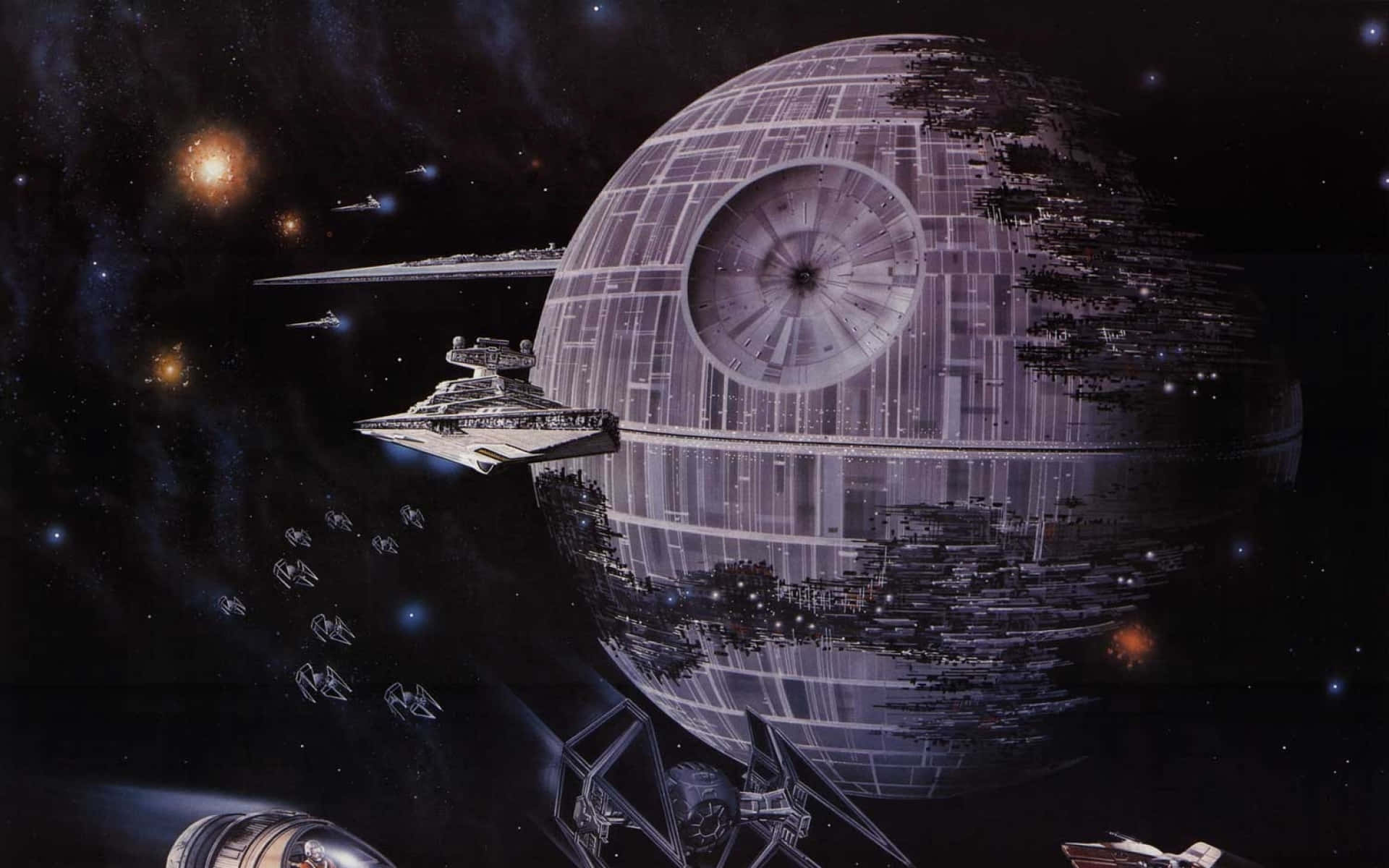Death Star 桌布 壁紙 — 巨大的死星主宰著繁星點點的虛空，星際驅逐艦和TIE戰鬥機在銀河戰役中圍繞它蜂擁而至。