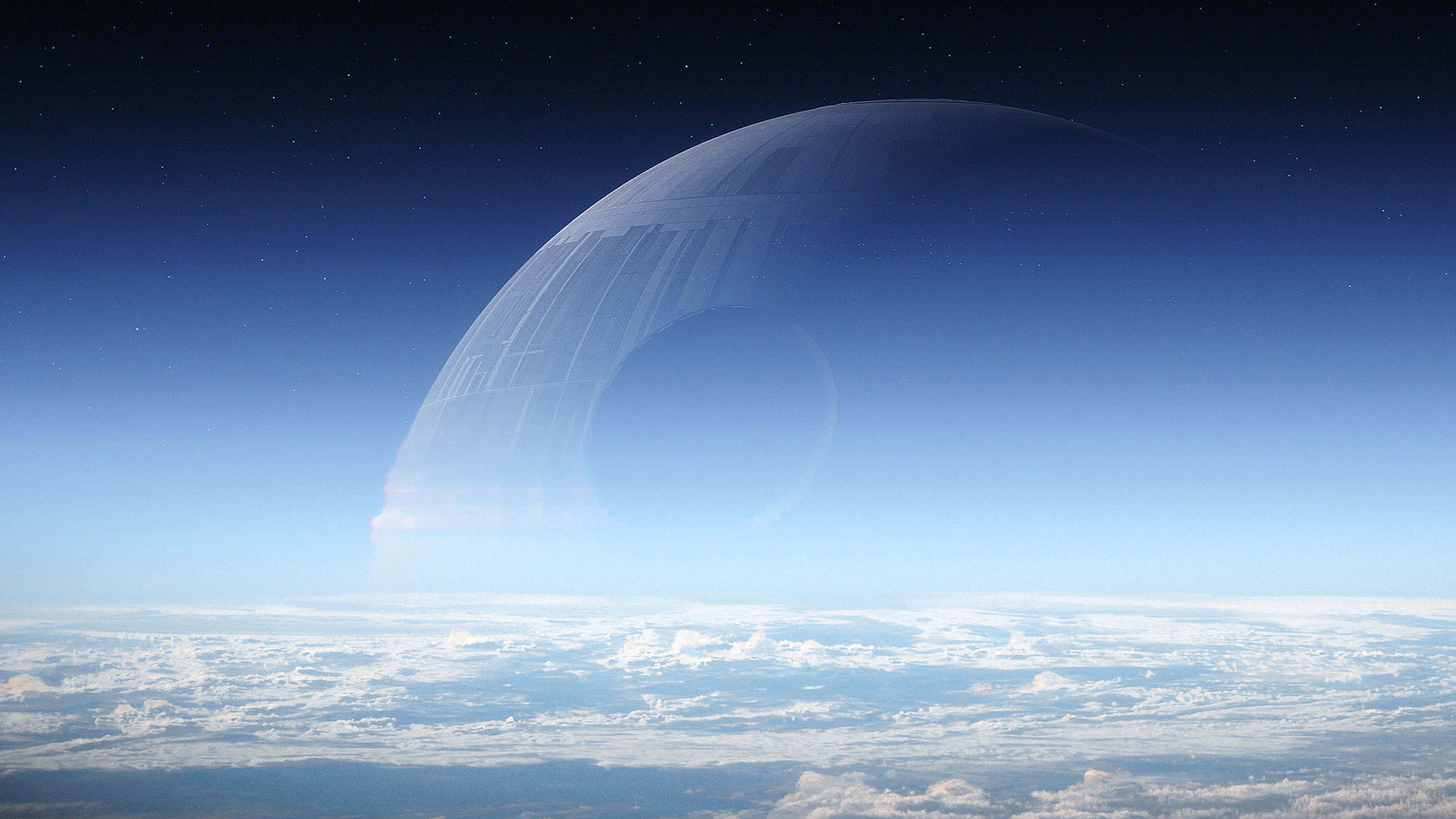 Scarif 桌布 壁紙 — 巨大的死星在星空下籠罩著行星的雲層。