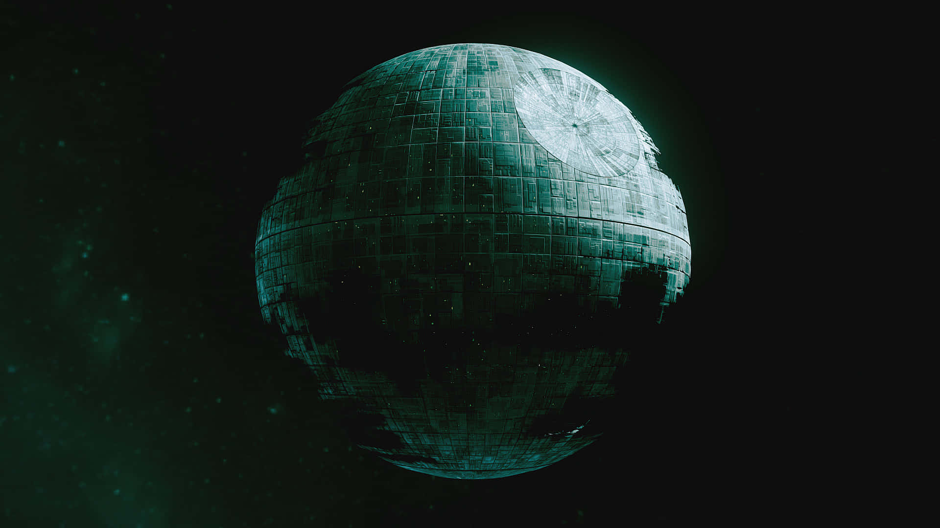 Death Star Ii 桌布 壁紙 — 巨大的死星太空站在黑暗的星空虛空中發出詭異的青綠色光芒。