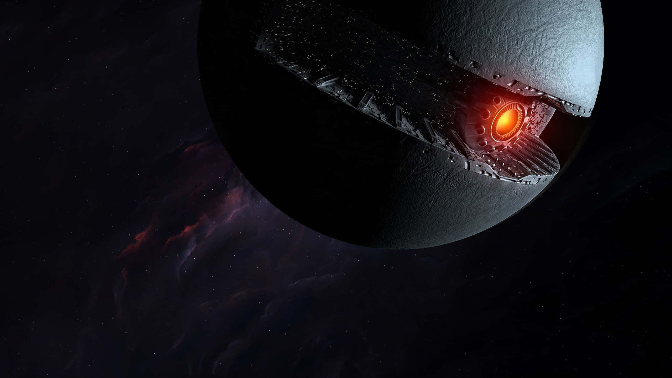 Starkiller Base 桌布 壁紙 — 巨大的死星太空站聳立在星空背景下，身後拖曳著發光的紅色引擎排氣。