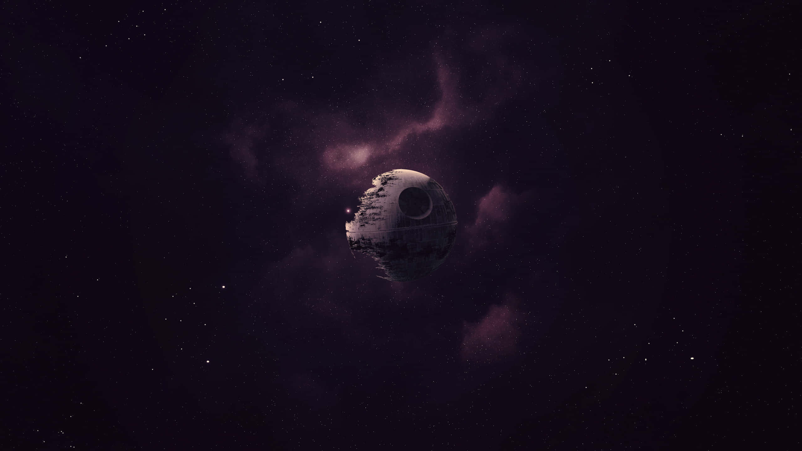 星星動圖 桌布 壁紙 — 巨大的死星太空船在深空中，籠罩在旋轉的紫色星雲和遙遠的星星之間。