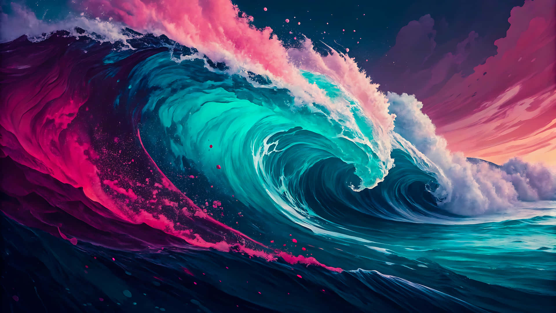 Dramatic ocean wave with pink and turquoise colors under a cloudy sky 壁紙 — 巨大的波浪捲起，帶有電光藍綠色和洋紅色的泡沫，映襯著帶有粉紅色和紫色雲彩的暮色天空。