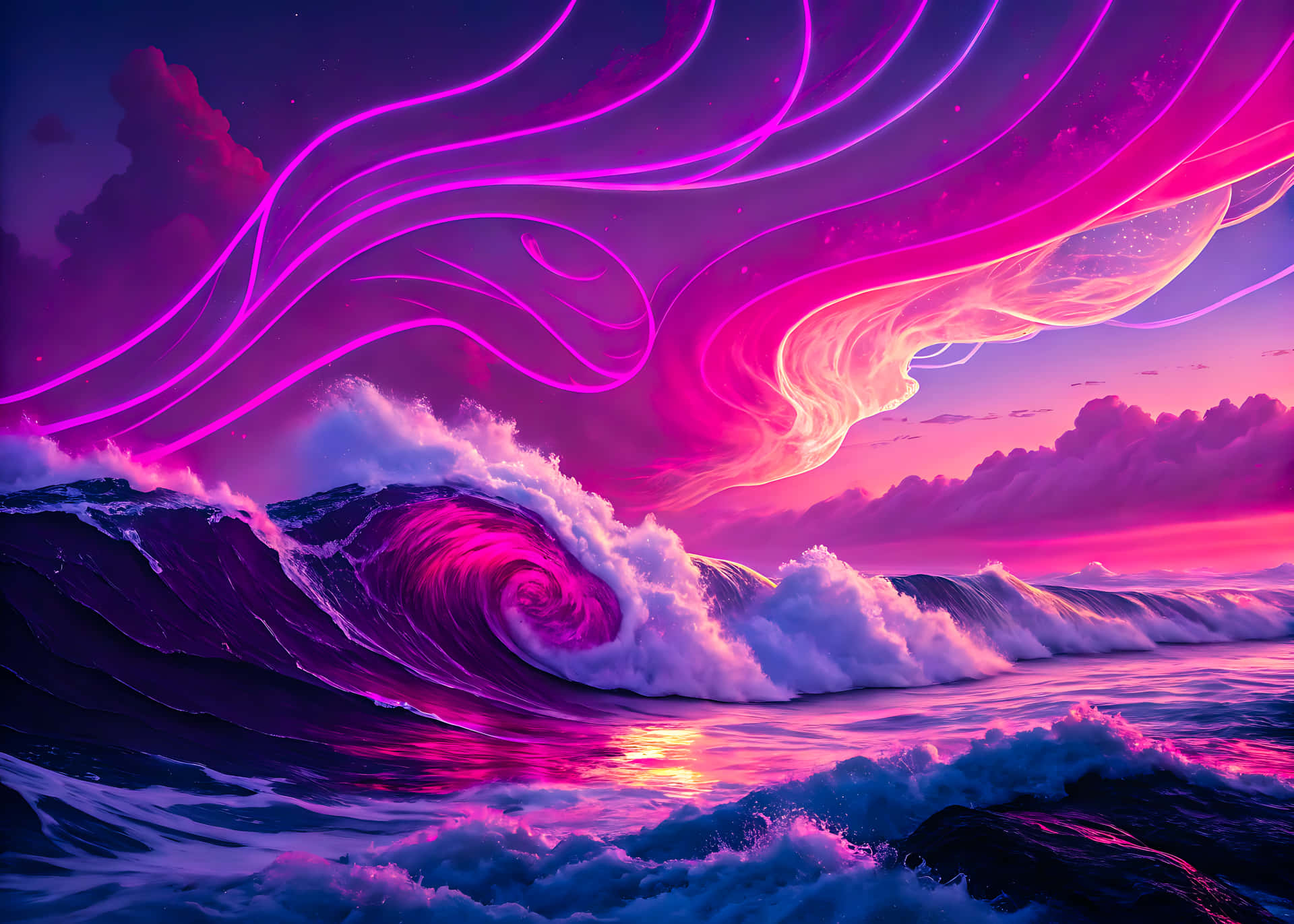 Sunset over mountain waves paints the sky with pink and blue light 壁紙 — 巨大的海浪在佈滿發光霓虹粉紅和紫色極光的天空下翻捲。